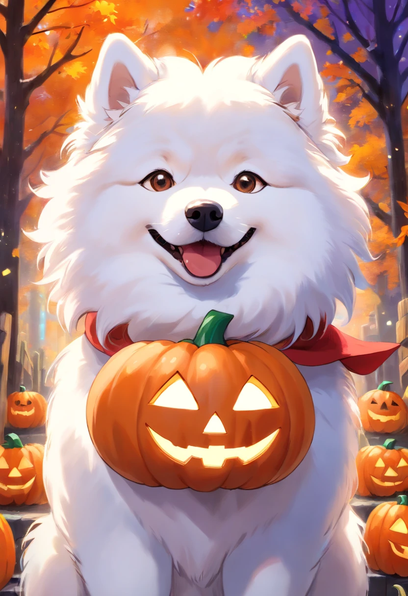 (best quality,Realistic:1.37),Samoyed dog in Halloween costume,Pelo detalhado,happy expression,vivid colors,studio lighting,playful pose,fundo do outono,soft lighting,Bokeh,Estilo Retrato,bonito bonito