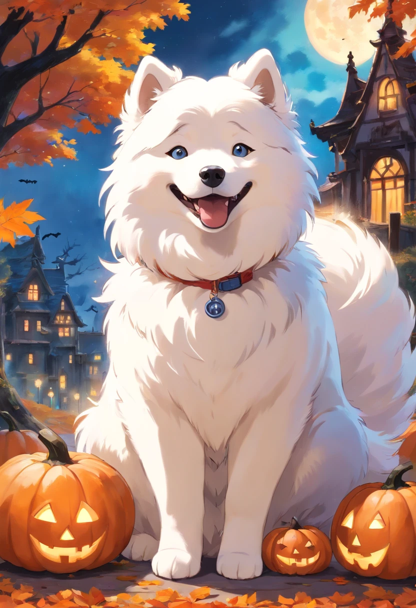 (best quality,Realistic:1.37),Samoyed dog in Halloween costume,Pelo detalhado,happy expression,vivid colors,studio lighting,playful pose,fundo do outono,soft lighting,Bokeh,Estilo Retrato,bonito bonito