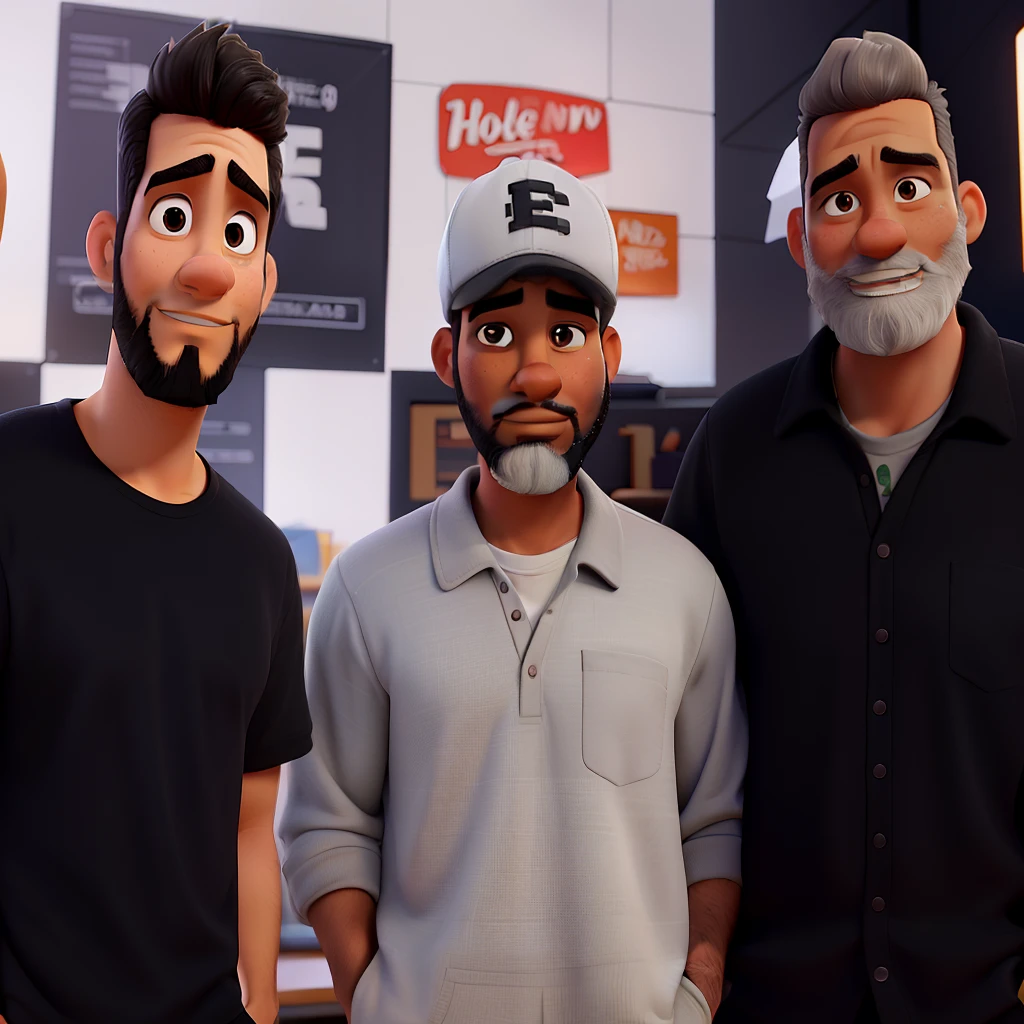 Create a Pixar-style 3D poster with three Brazilian men, side by side, embracing for a photo. The first man is a light-skinned, 30-year-old with a short beard, a pompadour haircut, and a black shirt. The second man is a 50-year-old Black man with a short grayish beard, a medium build, wearing a gray moletom and a white cap. The third man, also 50 years old, is light-skinned with a short, graying beard and very short gray hair, wearing a black polo shirt."