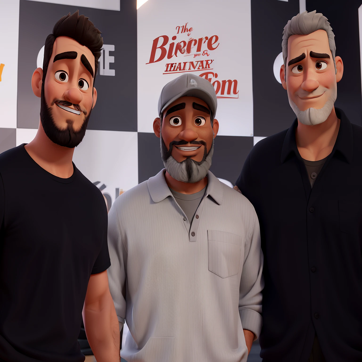 Create a Pixar-style 3D poster with three Brazilian men, side by side, embracing for a photo. The first man is a light-skinned, 30-year-old with a short beard, a pompadour haircut, and a black shirt. The second man is a 50-year-old Black man with a short grayish beard, a medium build, wearing a gray moletom and a white cap. The third man, also 50 years old, is light-skinned with a short, graying beard and very short gray hair, wearing a black polo shirt."