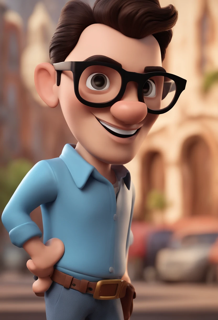 Cartoon character of a man with black glasses and a blue shirt, animation character, Caractere estilizado, animation style rendering, 3D estilizado, Arnold Maya render, 3 d render stylized, toon render keyshot, Personagem 3D, Personagem 3D, 3d rendering stylized, 3 d character render, personagem de desenho animado, Personagem de close up, Pose de personagem, (Estilo Pixar) (master part:1.2) (Bokeh) (best quality) (pele detalhada) (textura detalhada) (8k) (argila) (Cinematic lighting) (foco nítido