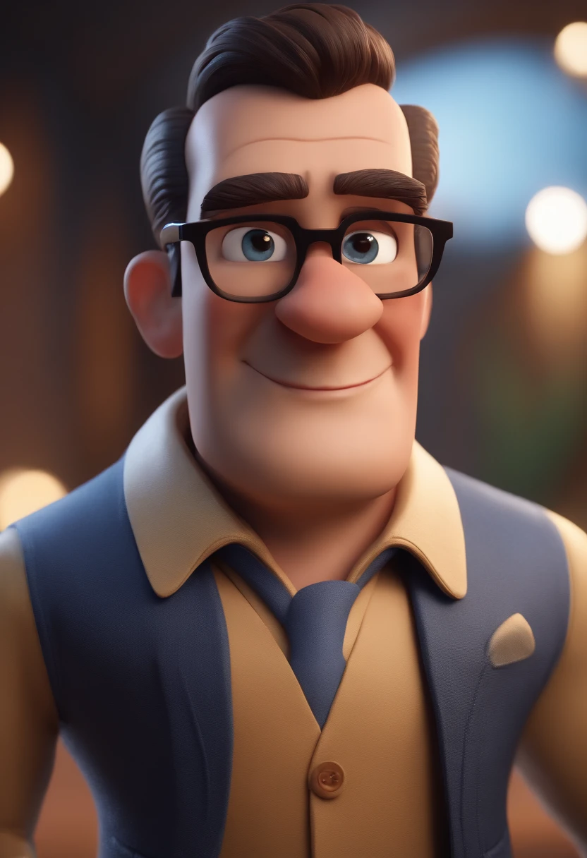 Cartoon character of a man with black glasses and a blue shirt, animation character, Caractere estilizado, animation style rendering, 3D estilizado, Arnold Maya render, 3 d render stylized, toon render keyshot, Personagem 3D, Personagem 3D, 3d rendering stylized, 3 d character render, personagem de desenho animado, Personagem de close up, Pose de personagem, (Estilo Pixar) (master part:1.2) (Bokeh) (best quality) (pele detalhada) (textura detalhada) (8k) (argila) (Cinematic lighting) (foco nítido