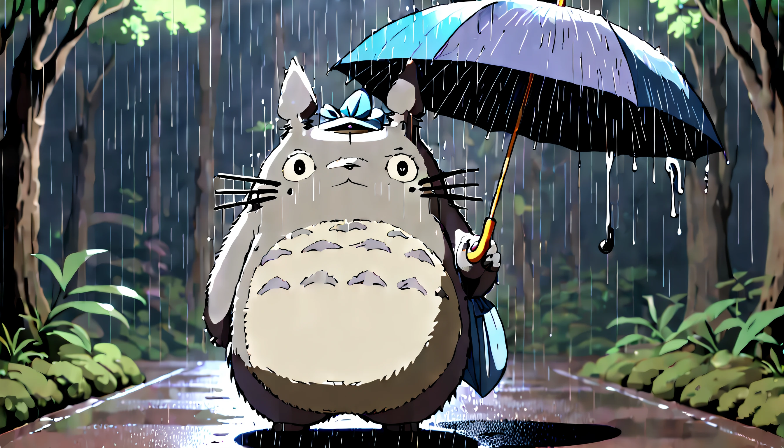 ASCII Hyperdetailed regenerative [glitch] art, (koan), matte, understated, (meditative: 1.2), (harmonic) impressionism, cerebral, (interconnected), labyrinth, (introspective), psyche, balanced and reciprocal, StdGBRedmAF, xk3mt1ks, concept: ((Totoro holding an umbrella, waiting in the rainy night))