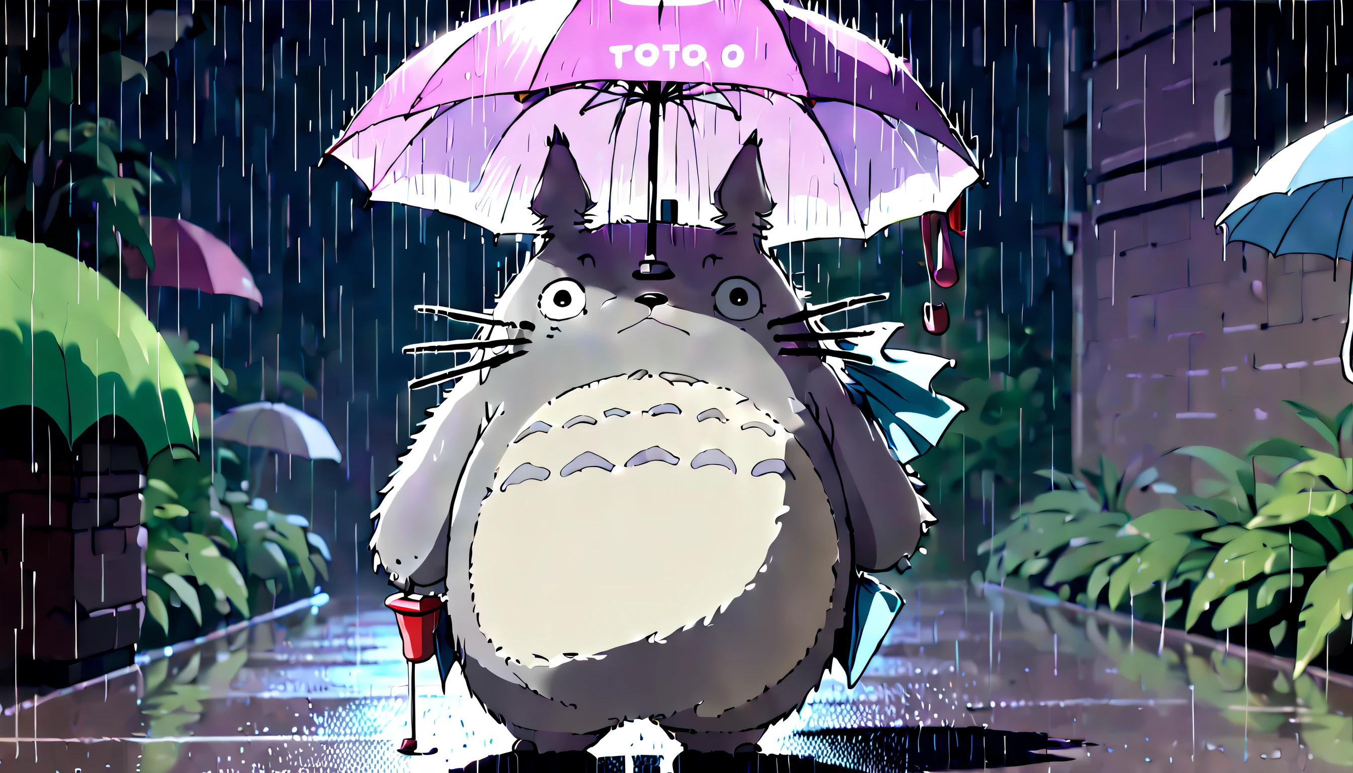 ASCII Hyperdetailed regenerative [glitch] art, (koan), matte, understated, (meditative: 1.2), (harmonic) impressionism, cerebral, (interconnected), labyrinth, (introspective), psyche, balanced and reciprocal, StdGBRedmAF, xk3mt1ks, concept: ((Totoro holding an umbrella, waiting in the rainy night))