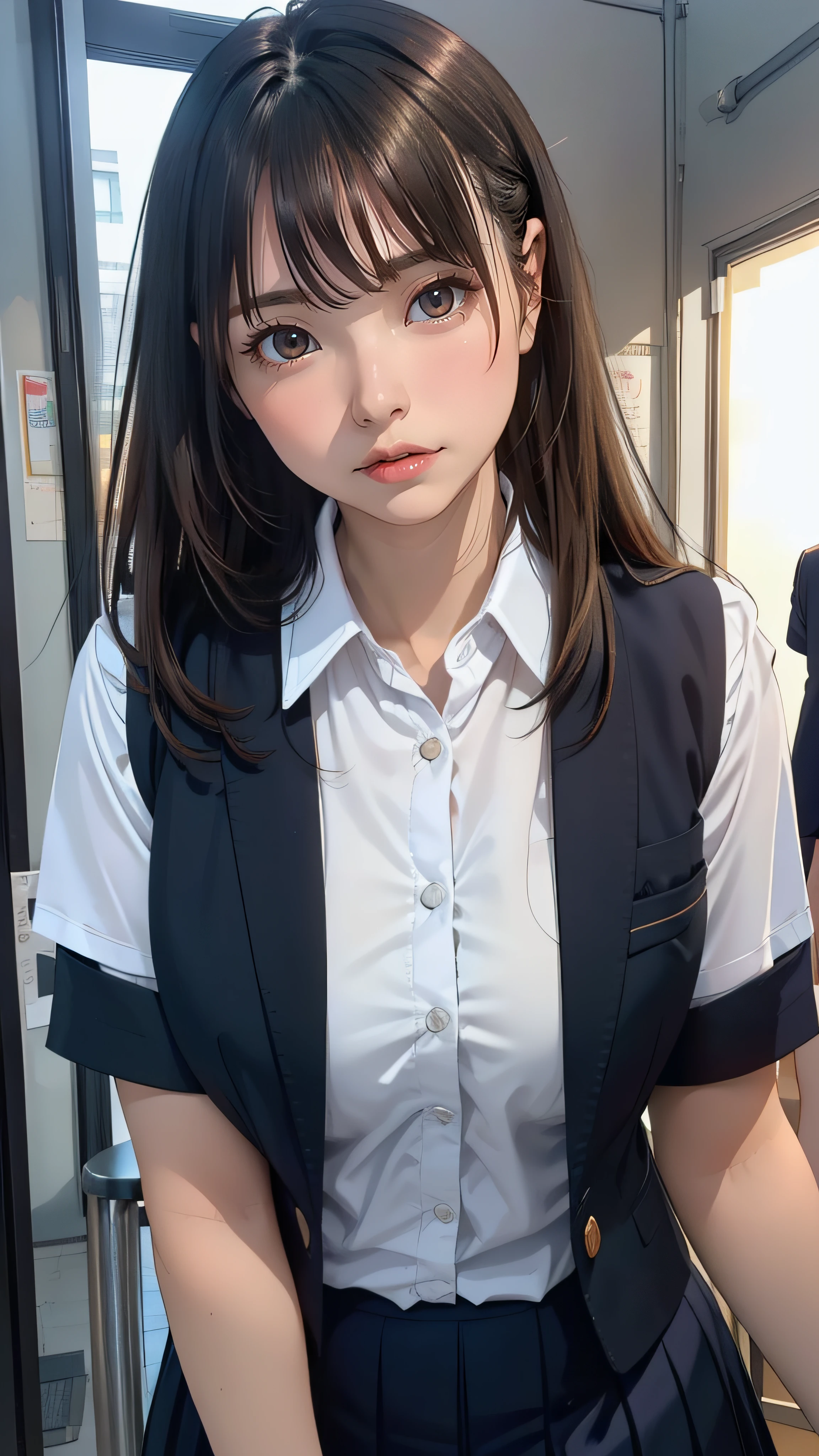 (from below:1.2),(1girl,ultra detailed skin,curvy,petite,beautiful breasts,large breasts,pale skin,pointy breasts,erect nipples),(Hyperrealist portrait,(8k),ultra-realistic,high detail,high resolution,best quality,masterpiece,(Sense of presence:1.5),(Dynamic:1.5),(bold:1.5)),(thin and soft hair:1.8),(straight hair),(Swept long bangs),(extra light coppery amber hair),(hair over one eye),(clothed:1.5,school uniform:1.5),(porn image:1.2)