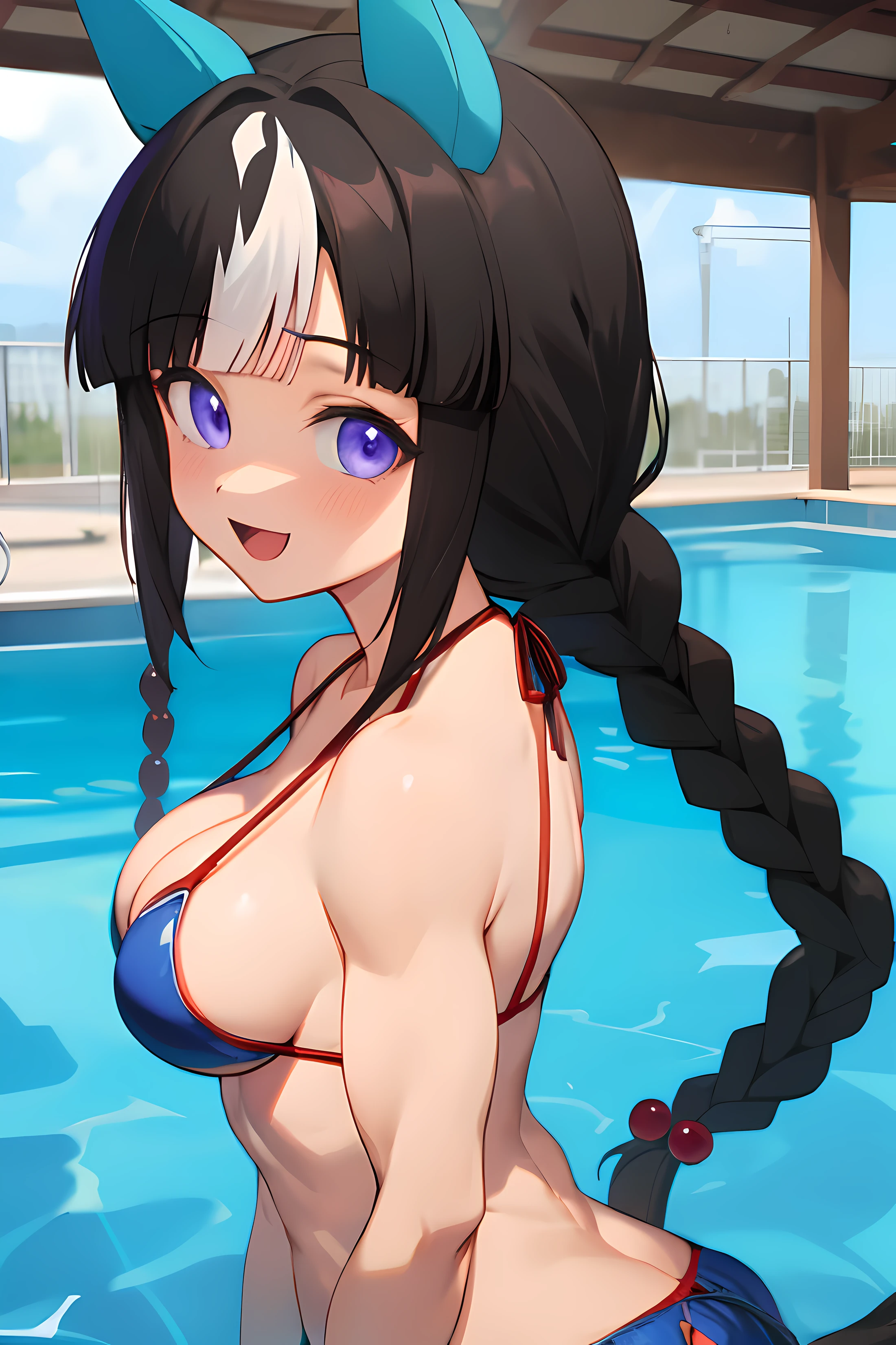 hokko tarumae \(umamusume\), masterpiece, best quality, ultra-detailed face, front, muscle, abs, upper body, plain bikini, horse tail, pool, smile, detailed clear eyes, large tits, open mouth
