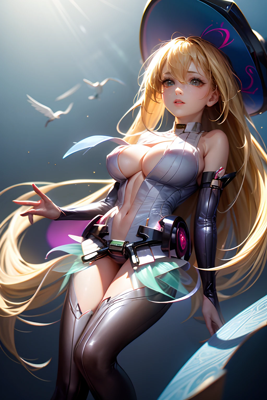 (Obra maestra:1.2), (La mejor calidad:1.2), Perfect lighting, Chica Maga Oscura lanzando un hechizo, flotando en el aire, tetas grandes, escote, fondo de magia. Corazones transparente en el hambiente, blue robe, sombrero grande, desde arriba, Destellos de magia