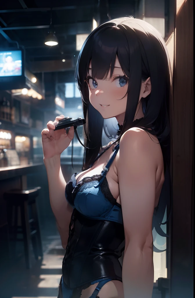 ultra-quality, ultla highres, Hyper Detailed, High contrast, Ultrafine Strike, creative refinement,A dark-haired,Blue lingerie,ssmile,blue corset,Blue garter belt,Show Pub