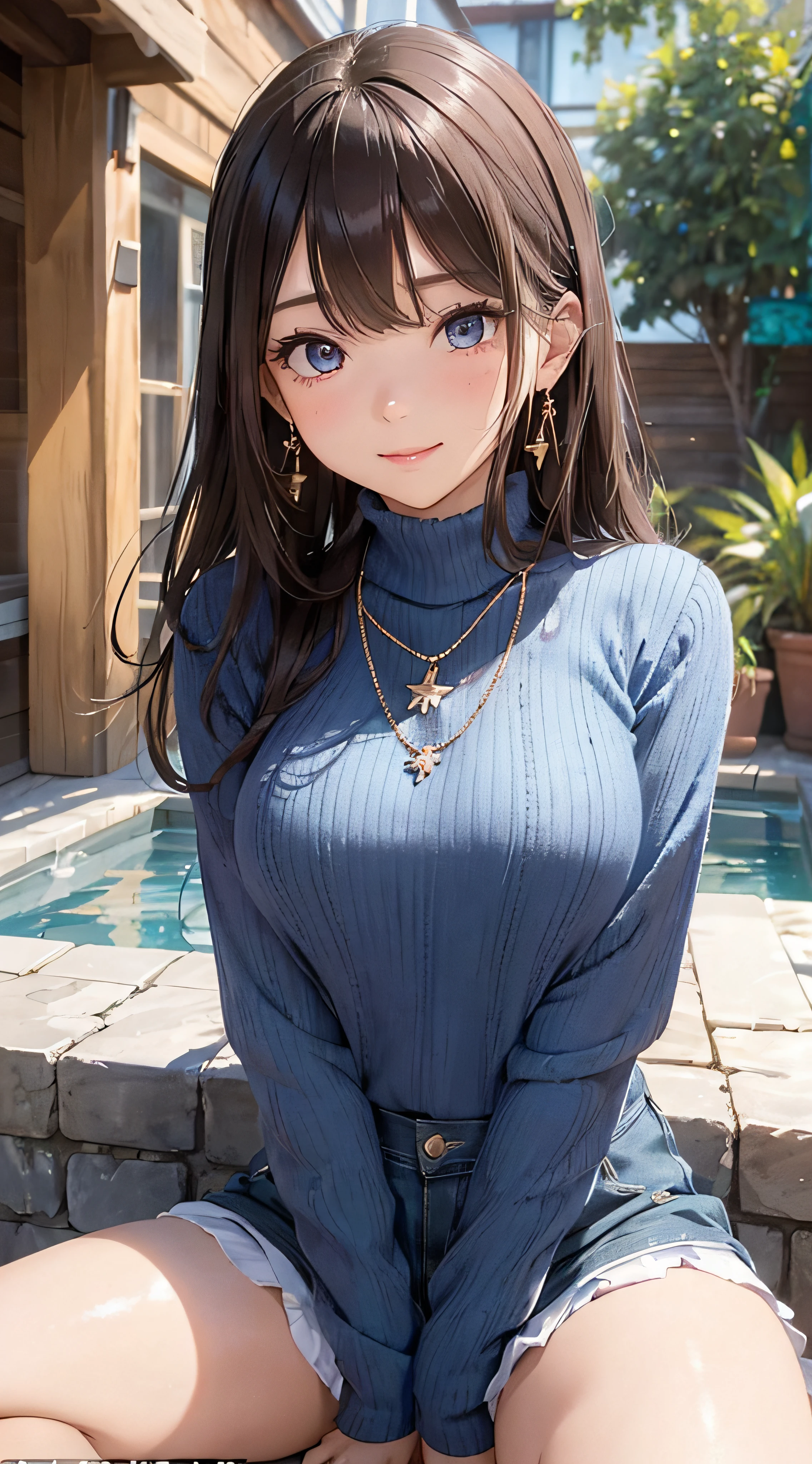 (masutepiece: 1.3), (max resolution: 1.2), (Ultra HDTV: 1.2), cinematric light, Ultra HDTV, (Detailed eyes and skin), (detailed facial features), nffsw, 8K resolution, Sharp Focus: 1.2, Perfect Style, Beautiful face, Perfect body, acurate, Anatomically correct, Highly detailed face and skin texture, Detailed eyes, Dark-blue eyes, Double eyelids, Thin eyebrows, Glitter Eyeliner: 1.2, Natural cheeks, Glossy skin, Fair skin: 1.2, shiny little necklace and earrings, (Glossy lips: 1.4), BREAK, One-person viewpoint, (She is a very cute female teacher), (Pink lace panties), (Seductive smile: 1.2), ((a Innocent and cute girl:1.3)), (Long Wave Hair), (ligh brown hair:1.2), (Cowboy Shot: 1.2), BREAK, ((Very intimate relationships: 1.2)), medium large breasts, ((Looking at Viewer:1.2)), ((Hot spring trip:1.2)), ((Bend your knees and open your legs wide:1.2)), (From Side:1.2),low angle shot,FULL BODYSHOT Tight sweater with long sleeves in bright colors Tight denim mini skirt Embarrassed look Kamimei