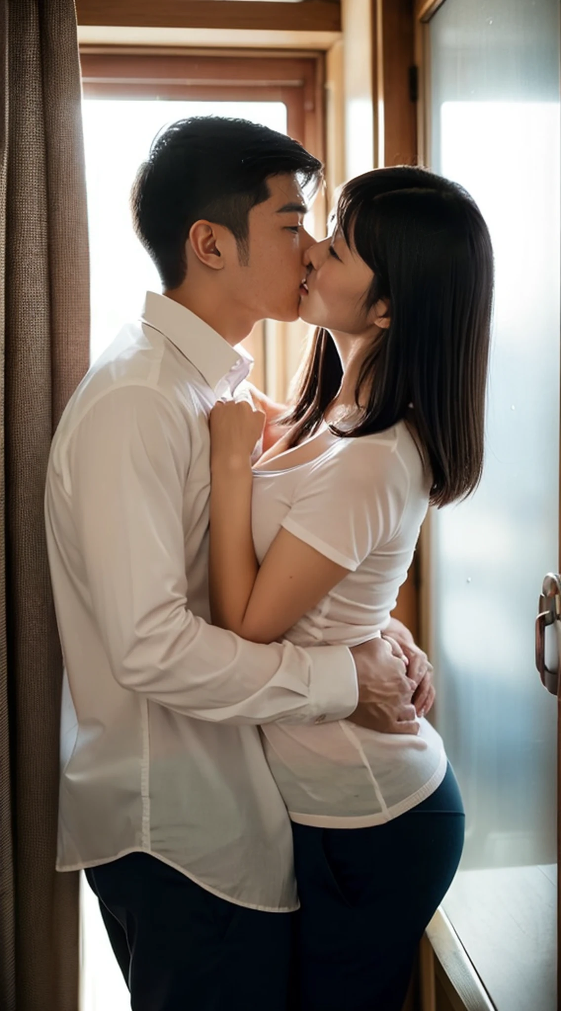 Showa 50s、Rain outside the window、19 o'clock in the evening、A room in a female teacher's apartment、night lights、10-year-old schoolboy、35-year-old beautiful female teacher、Alone with my homeroom teacher、A male student and a beautiful female teacher hug and kiss in the bedroom of the room、huging、window、closed curtains、Deep kissing、Rich kiss、155cm handsome 10-year-old school boy、A female teacher who is too cute, Twilight Bedroom、Forbidden love between a handsome male student and a female teacher who is too cute、Cute Female Teacher、Photo of a female teacher、35 years old Sexual intercourse with a beautiful female teacher、bra very、panties on、Various skirts、Types of pants、Blouse with open chest、Female teacher in plain clothes、Variety of hairstyles, Medium Hair、Bery short hair、bobhair、Boyish hair、a baby face、beautiful japanese female, (Photo Real:1.4)、taken with canon 5d mk4, taken with canon eos 5 d mark iv, Shot with Canon EOA 6 D Mark II, Highly detailed facial and skin texture、 Detailed eyes、二重まぶた、Aori composition、Overhead view、Backwards Pose、(8K, top-quality, ​masterpiece:1.2), (realisitic, Photorealsitic:1.37), ultra-detailliert, 1 boy、1womanl、Cute 35-year-old teacher、Highly detailed face, Highly detailed, Flirting, Flirting with a female teacher, Take off your clothes, tits out、touching boobs、While groping the buttocks、Middle-aged woman、