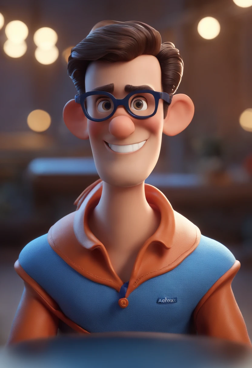 Cartoon character of a man with black glasses and a blue shirt, animation character, Caractere estilizado, animation style rendering, 3D estilizado, Arnold Maya render, 3 d render stylized, toon render keyshot, Personagem 3D, Personagem 3D, 3d rendering stylized, 3 d character render, personagem de desenho animado, Personagem de close up, Pose de personagem,  (Estilo Pixar) (master part:1.2) (Bokeh) (best quality) (pele detalhada) (textura detalhada) (8k) (argila) (Cinematic lighting) (foco nítido