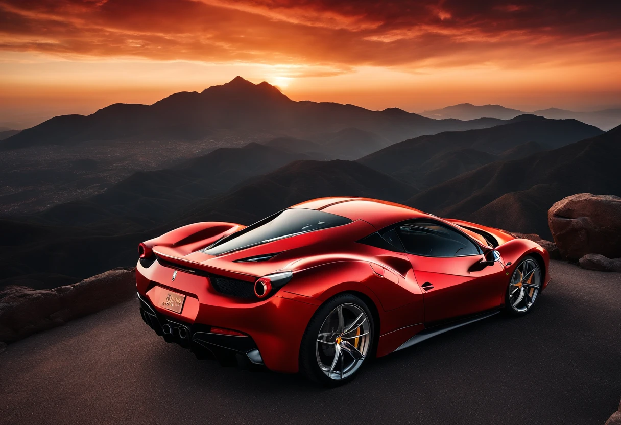 (Best quality, 8K, Masterpiece :1.2), Ultra photo realsisim, simplebackground, onthe mountain, Detailed red Ferrari 488, Skyscrapers in the background, Under the sunset