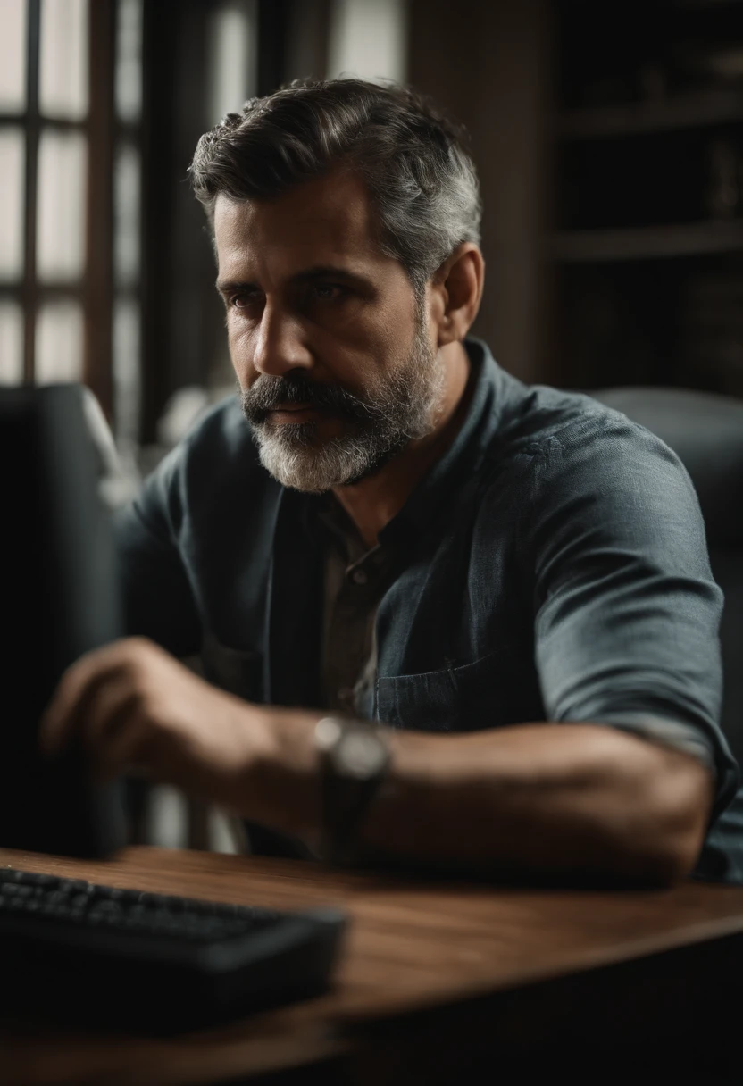 Retrato de um pai com cabelos castanhos curtos e grisalhos, corpo atletico, trabalhando em um computador