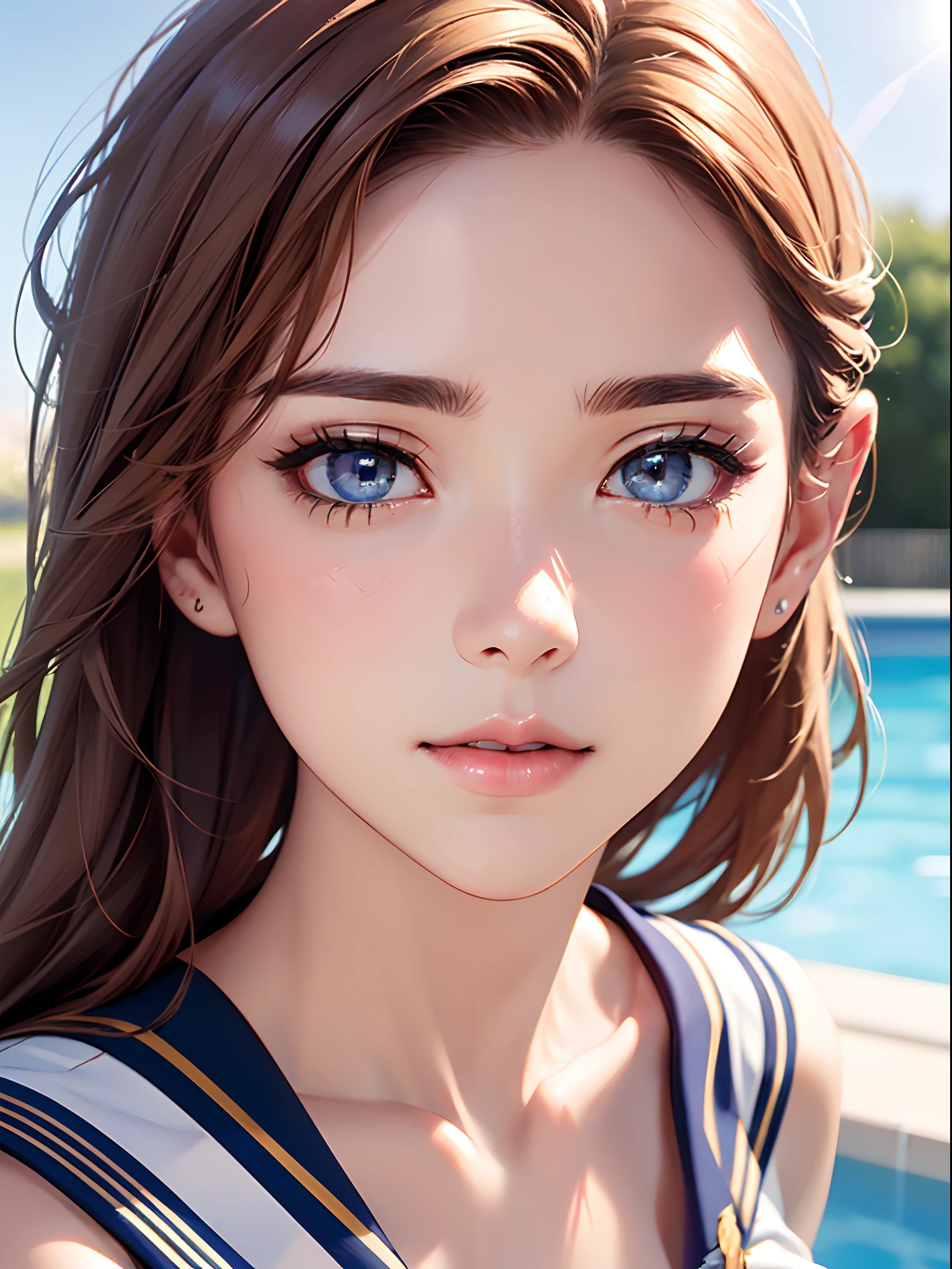 nsfw:1.1,masterpiece, best quality, high quality, High definition, High quality texture, High quality shadow, high detail, beautiful detailed, finely detailed, extremely detailed cg, detailed texture, a realistic representation of the face, realistic, colorful, delicate, Cinematic Light, sidelighting, Lens Flare, Ray tracing, sharp focus, (intricate details, makeup, PureErosFace_V1:0.5), (detailed beautiful delicate face, detailed beautiful delicate eyes, a face of perfect proportion, high detailed skin, detailed skin, best ratio four finger and one thumb, close up of upper body, (large breasts), (cleavage), ((Smooth texture, Realistic texture, Photorealistic)), (Detailed beautiful eyes, Beautiful eyelashes, emerald eyes), blonde medium hair, 1 woman, at poolside, ((( shee rwhite sailor shirt, Sleeveless, Open front))), (Beautiful face, Cute face, Detailed face), (((Sunny))), Perfect Eyes Eyes