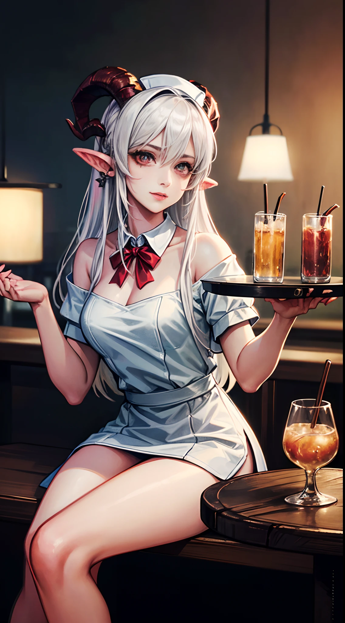 (working in a bar as waitress, wearing waitress dress:1.3), (sitting next to table and simle:1.3), female devil with the horns, fire as background, White color hair, Off-the-shoulder attire, masterpiece, (high detail, high quality:1.2), Rough face, seductive, sexy pose, fashion model posing, Large breasts, Natural skin, beautiful eyes, (Detailed face and eyes:1.2), (the face: 1 2), noises, Extra, real photograph, PSD, Lamp film photography, sharp focus, contrasty lighting, Delicate skin, High resolution 8K, insanely details, realistic-lying, professional photo shooting, 8K UHD, SLR camera, soft lighting, high high quality, film-grain, Fuji film XT3