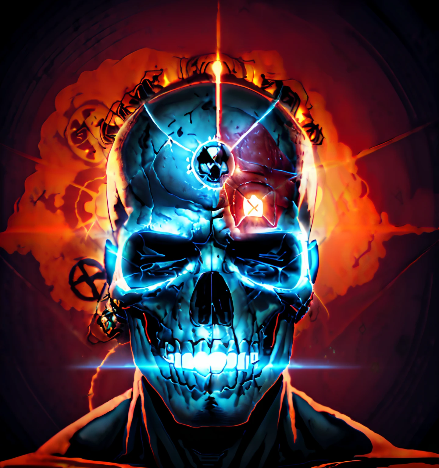 there is a man with a skull head, ((radiation symbol on the forehead:1.5)), ((detailed radioactive symbol on his forehead:1.6))(((radioactive logo on his forehead:1.8))), 4k highly detailed digital art