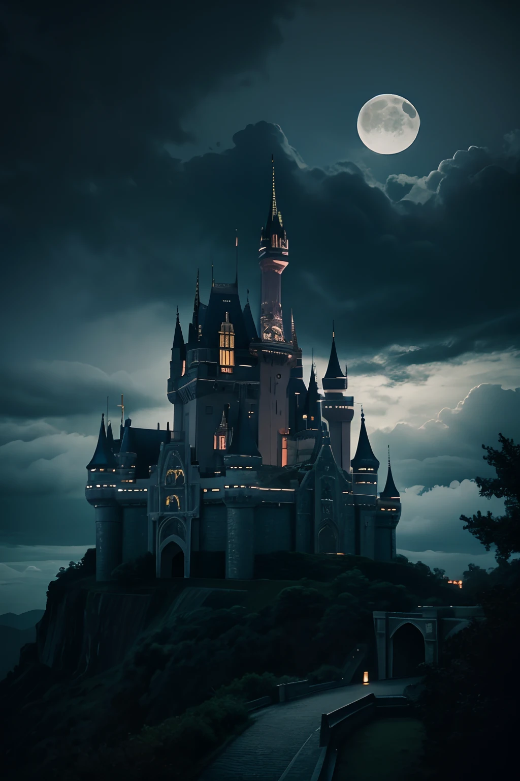 castle, night, moon, cloudy, cinematic