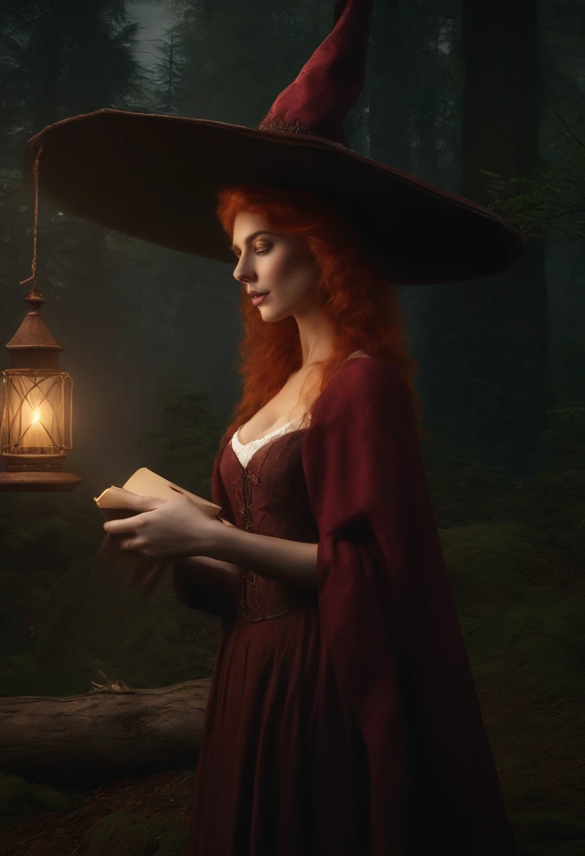 A witch with red hair, wearing a witch hat, and her cat by her side, in front of a house in the forest.
(best quality,4k,8k,highres,masterpiece:1.2),ultra-detailed,(realistic,photorealistic,photo-realistic:1.37), witch, red hair, witch hat, cat, house, forest, magical atmosphere, dark and mysterious, enchanting, witchcraft, spellcasting, broomstick, moonlit night, stars shining, mystical elements, whimsical, captivating, mystical woods, magical effects, misty ambiance, glowing eyes, ancient book, flying sparks, moonlight casting shadows, eerie glow, realistic textures, hauntingly beautiful, bewitching colors, dreamlike, ethereal, enchanted house.