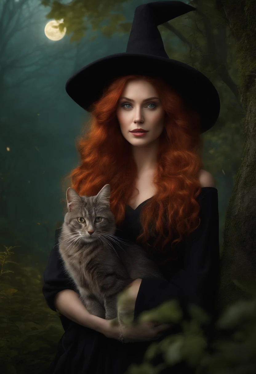 A witch with red hair, wearing a witch hat, and her cat by her side, in front of a house in the forest.
(best quality,4k,8k,highres,masterpiece:1.2),ultra-detailed,(realistic,photorealistic,photo-realistic:1.37), witch, red hair, witch hat, cat, house, forest, magical atmosphere, dark and mysterious, enchanting, witchcraft, spellcasting, broomstick, moonlit night, stars shining, mystical elements, whimsical, captivating, mystical woods, magical effects, misty ambiance, glowing eyes, ancient book, flying sparks, moonlight casting shadows, eerie glow, realistic textures, hauntingly beautiful, bewitching colors, dreamlike, ethereal, enchanted house.