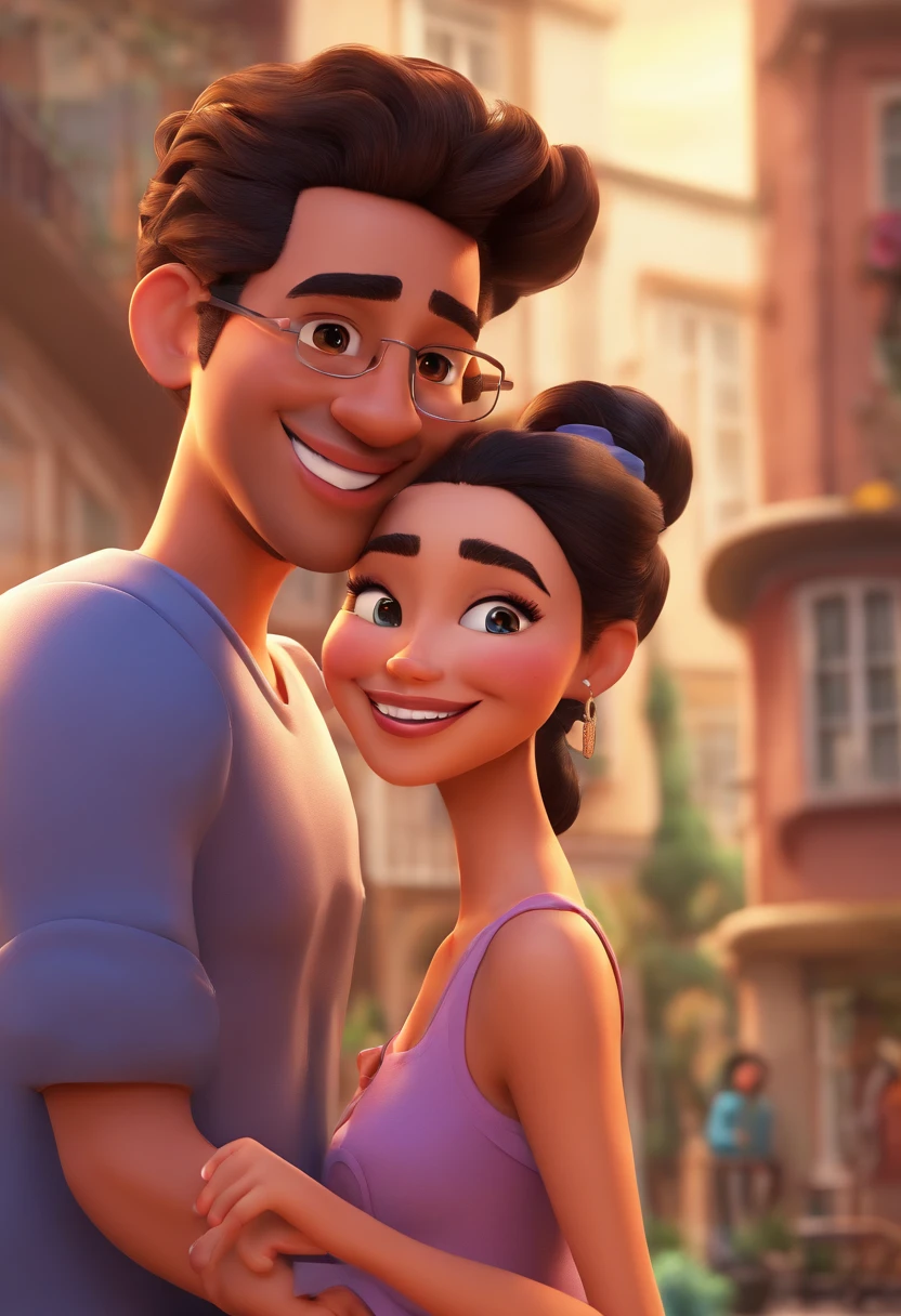 An illustration of an adorable couple, Highlight for a chubby mulatto man with glasses smiling and a brunette woman with beautiful expressive eyes - the man's skin is mulatto and the man's hair haswhile the woman's skin is black and the woman's hair is straight and brown. They are a bright room, cada um com um sorriso no rosto, e compartilhar um momento especial caracterizado pelo amor, Insights. Illustrate this scene from a perspective where they are facing the camera, Smiling and Showing Your Connection. Desenvolva esta arte em Full HD, Focus on your cinematic touch, Estilo Disney Pixar Animations