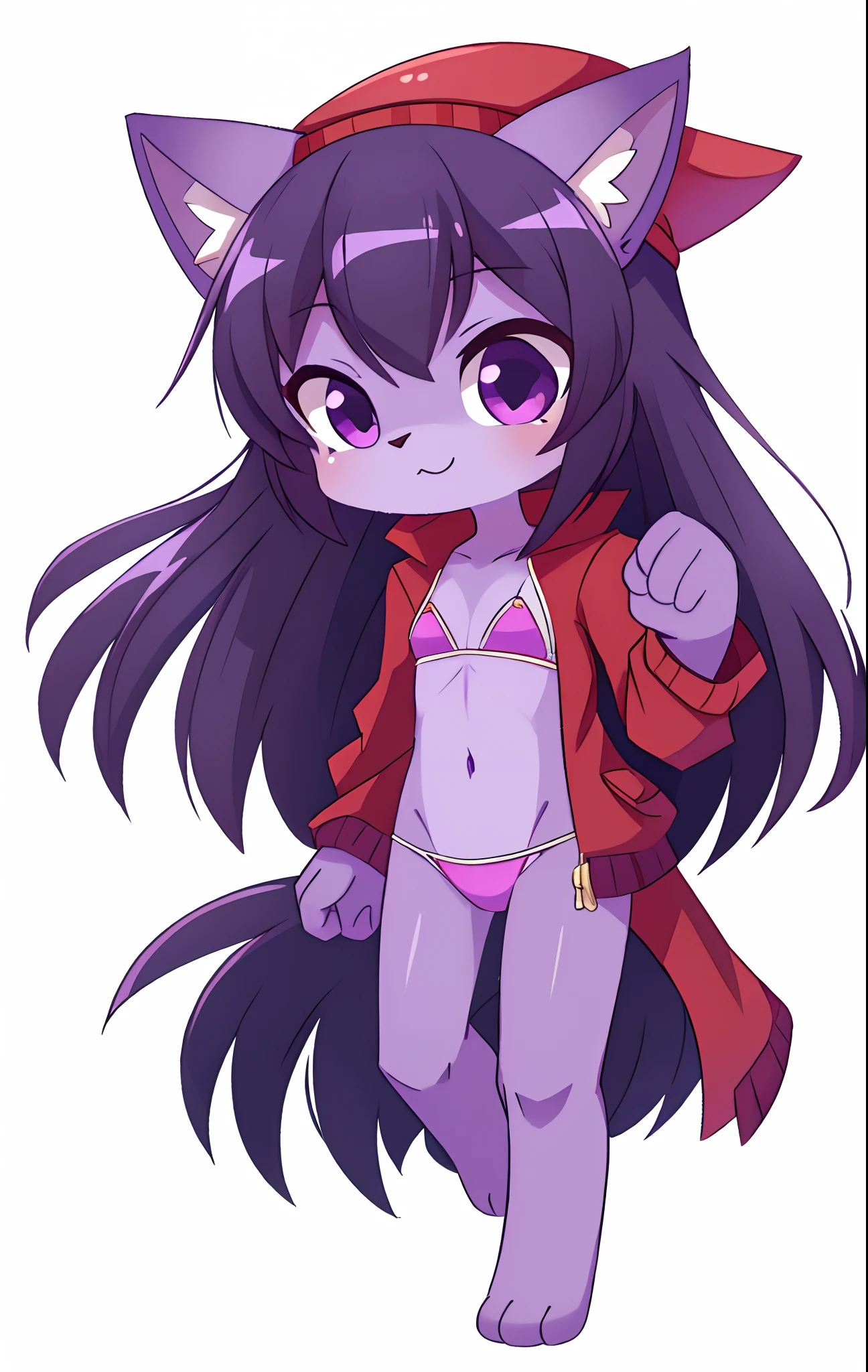 furry girl, young, cat, dark lilac hair, emo hairstyle, long hair, anime style, medium breasts, purple eyes, red jacket, open clothes, pink bikini, simple background, white background, high quality, detailed body, detailed eyes, detailed face, masterpiece, glistening body, shiny body, detailed body fur, best quality, two tone body fur, purple body fur, clear purple body fur, skinny, :3, red hat french, feets whit three toes, full body,