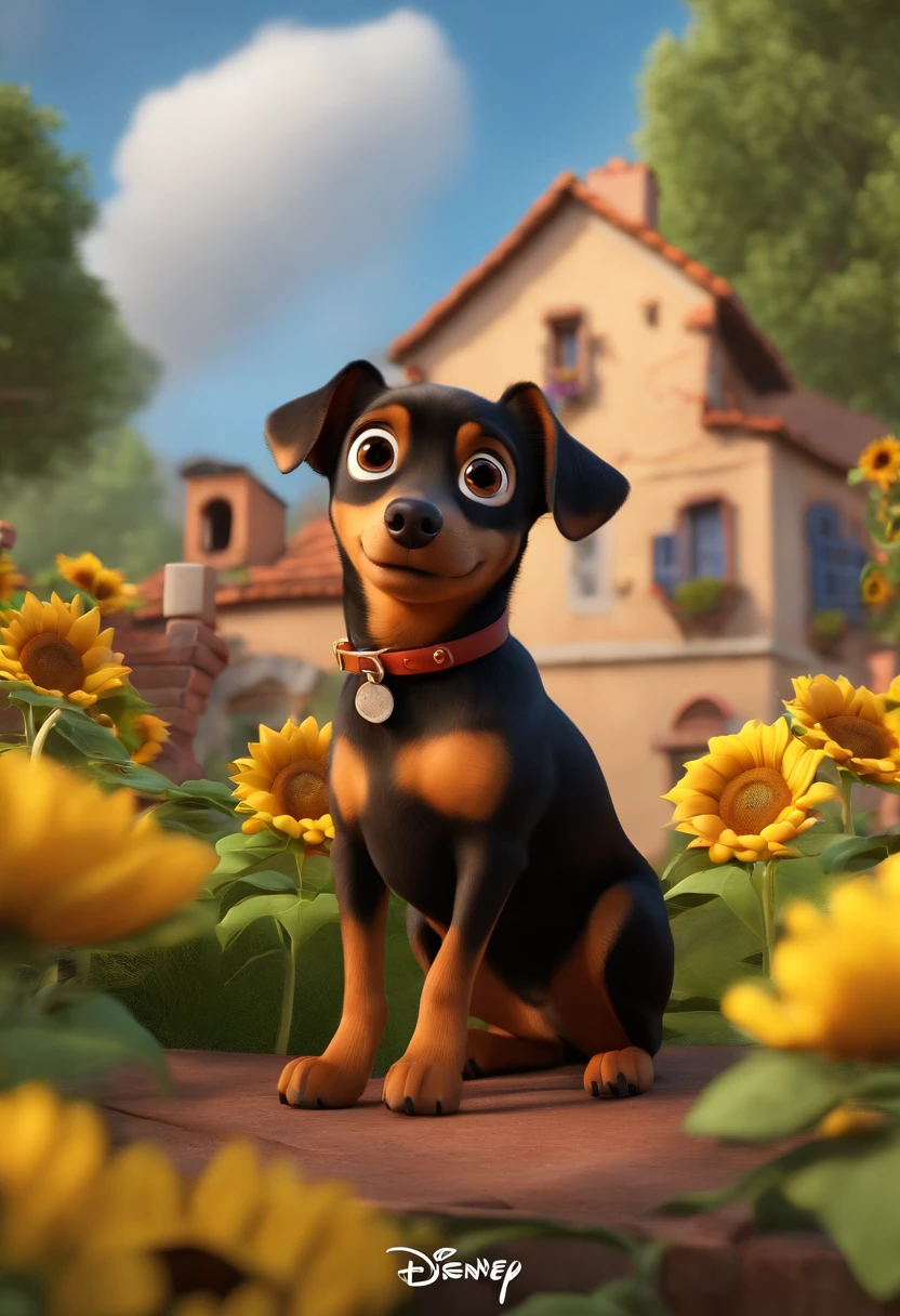 Create a Disney PIXAR-style 3D poster. ((With a small brown Pinscher dog with big eyes)),((tudo isso no estilo Disney PIXAR 3D, In the background, A house of sunflowers, Gloria Studio, The garden is full of nature 3D render RTX clay material, estilo de design cartunesco, POP Mart, soft lighting, linhas suaves, Spring tilt, Detailed illustrations of PIXAR 3D, Detalhes hiper-realistas, cor quente no estilo Disney PIXAR 3D))