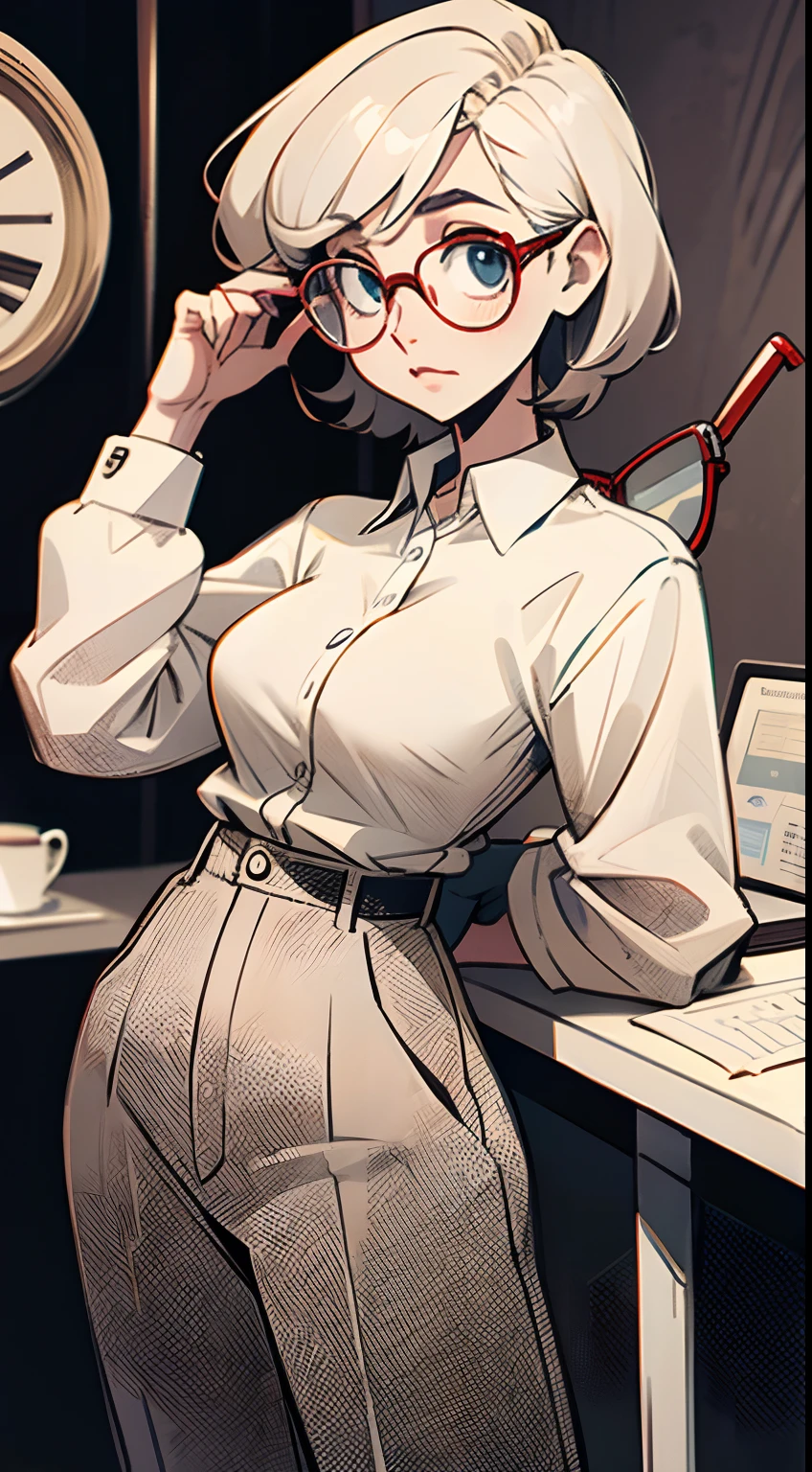 secretary, with glasses on, Average Breasts, In a shirt, stands upright, is looking at the camera