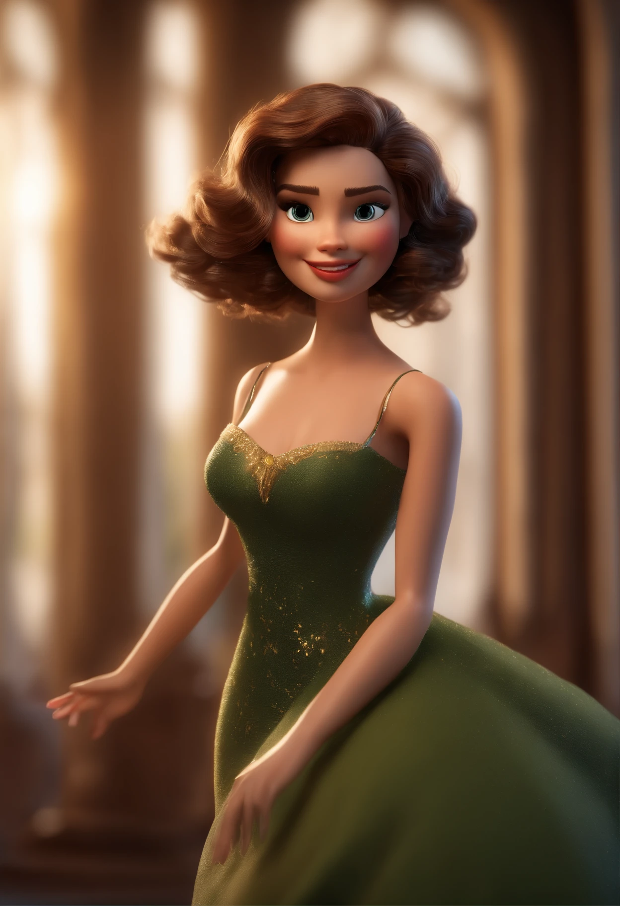 aunt cass, modern disney style,1girl,green eyes, black_skirt, breasts, cleavage, earrings, gradient, gradient_background, grey_background, jewelry, lips, lipstick, looking_at_viewer, makeup, medium_breasts, red_lips, short_hair, skirt, solo, brown_hair<lora:aunt_cass:0.8>