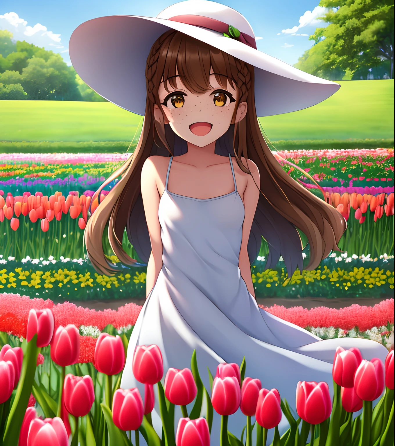 (best quality:1.2,highres,1girl),portrait,(european,western,western europe:0.9),outdoors,countryside,garden,field,tulips,happy,beautiful girl,floral,flower,(wide-brimmed,floppy:0.9) hat,braid,dress,(sleeveless,sundress),(daytime,daylight,day:1.1),sunshine,shining,brown eyes,brown hair,long hair,loose hair,freckles,open mouth,smiling,looking at viewer,naked,unadorned,plain background