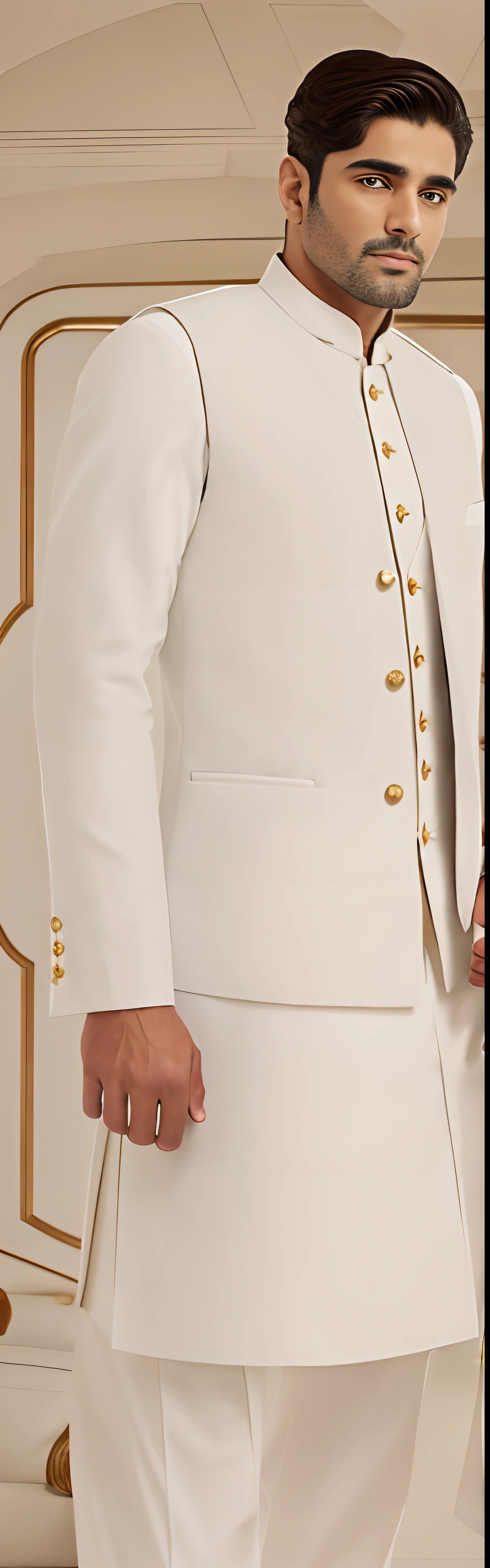 there is a man in a white vest, white waistcoat, wearing waistcoat, waistcoat, vests, wearing a waistcoat, with two front pockets, dressed in a jodhpuri suit, tan vest, white suit vest, vest, wearing a kurta, white sleeves, gold waistcoat, abundent in details, formal attire, white groom dress,