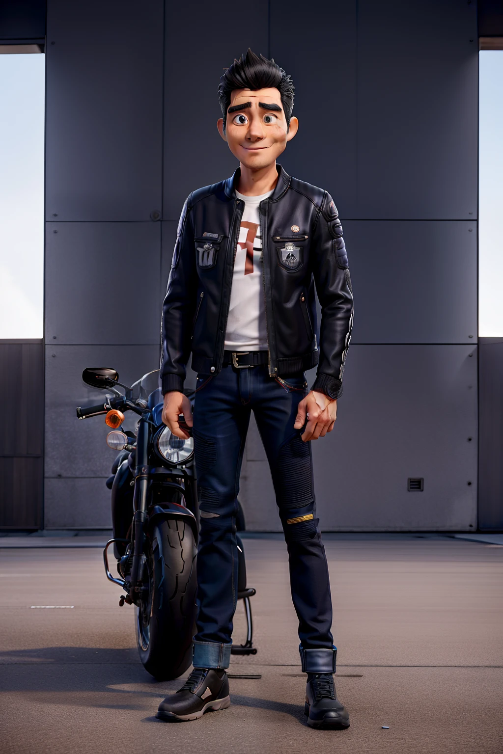 master part, best quality, homem adulto  japones, 48 anos, cabelos curto, preto, vestindo uma jaqueta de couro e jeans preto, ao lado de sua motocicleta harley davidson cinza