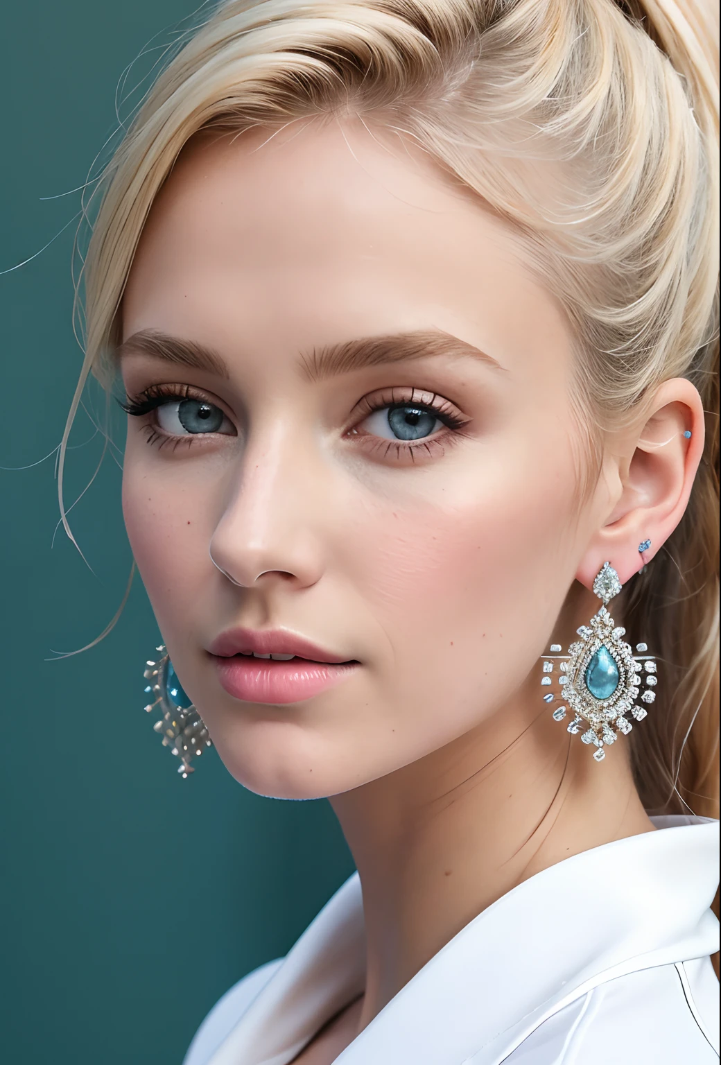 Blonde girl playing tennis, (masterpiece, best quality), intricate details, realistic, photorealistic, a close up of a woman wearing earrings, inspired by Emma Andijewska, draped in crystals, silver color, long earrings, sandra chevier, huge earrings, 2019, blue-eyed, platinum jewellery, earring, flawless structure, silver earring,