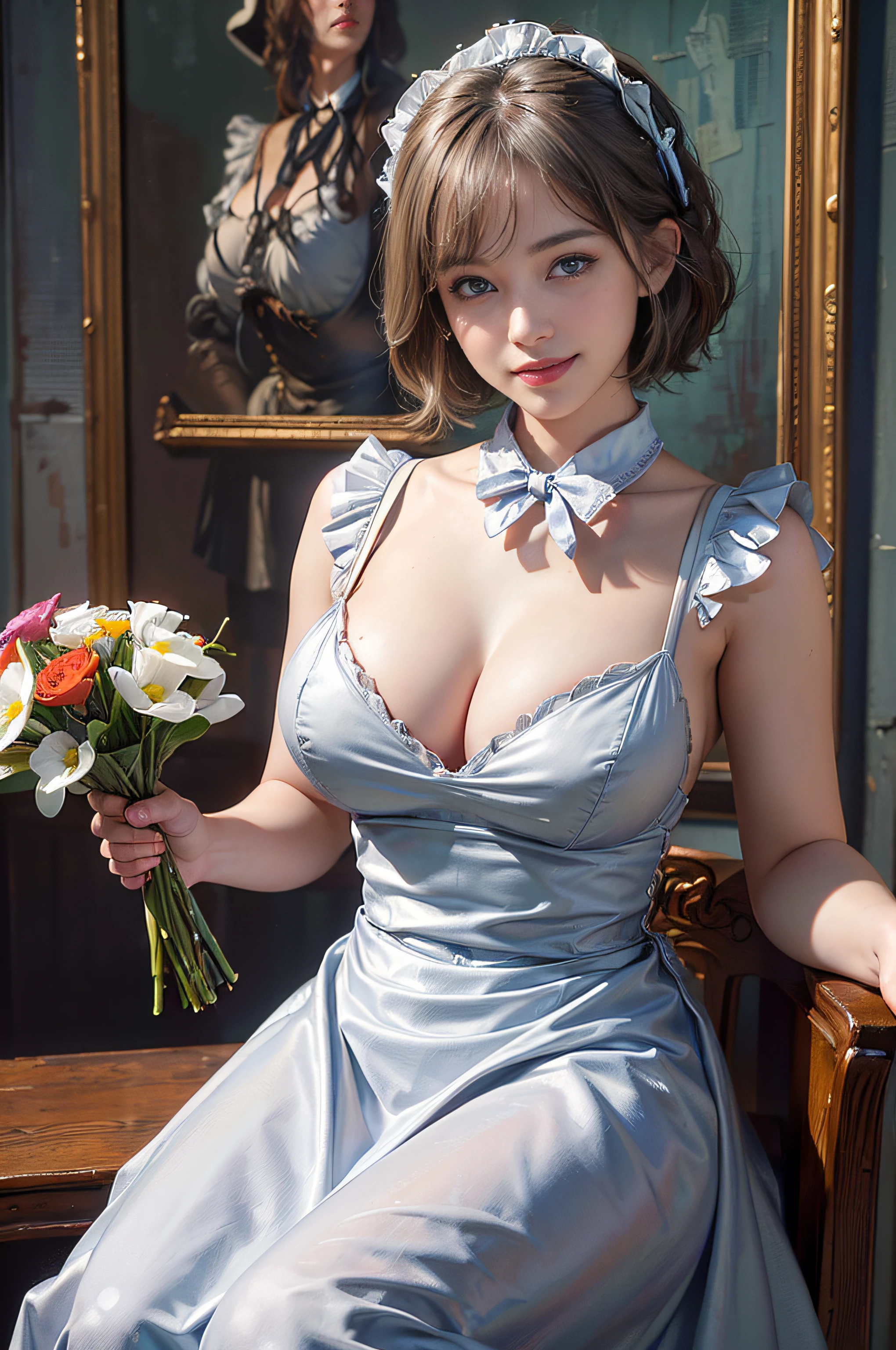 (8k, RAW photo, best quality, masterpiece:1.2), High detail RAW color photo, professional photograph, cowboyshot, (realistic, photo realistic:1.37), ((best quality)), 1 girl, cinematic light, (finerly detailed face:1.2), (masterpiece:1.5), (best quality:1.2), (smiling:1.2), (looking at viewer:1.2), bowtie, (detailed maid:1.2), silver short hair,(large breasts:1.6),holding large colorful bouquet,