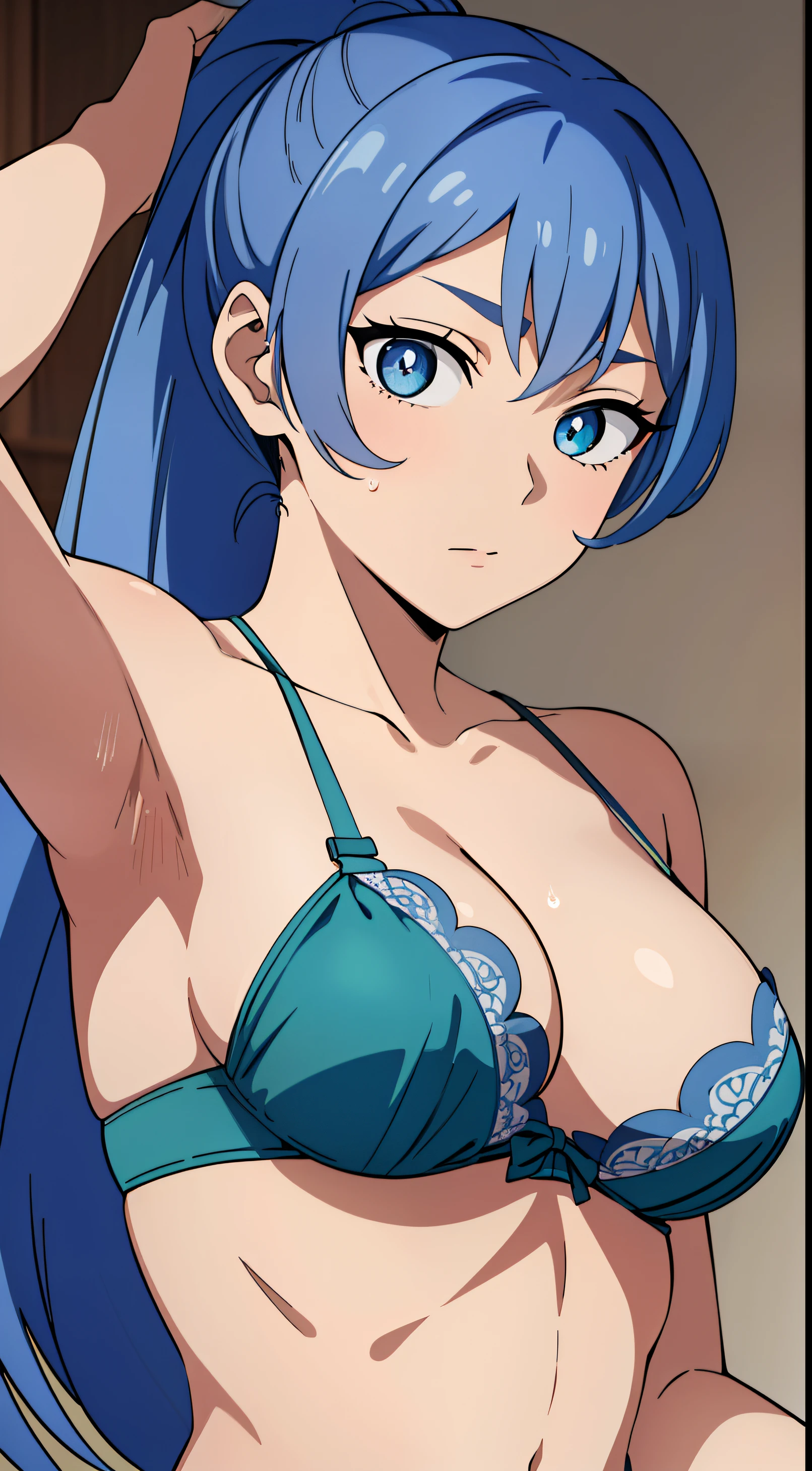 Highres, Masterpiece, Best quality at best,Best Quality,hight quality, hight detailed, anime style, nejirehadou, nejire hadou, blue eyes, blue hair, long hair,
Lingerie, ponytail, body full of sweat,
BREAK looking at viewer, upper body, body only, Bedroom, (armpit:1.2), best quality, high resolution, unity 8k wallpaper, (illustration:0.8), (beautiful detailed eyes:1.6), extremely detailed face, perfect lighting, extremely detailed CG, (perfect hands, perfect anatomy),