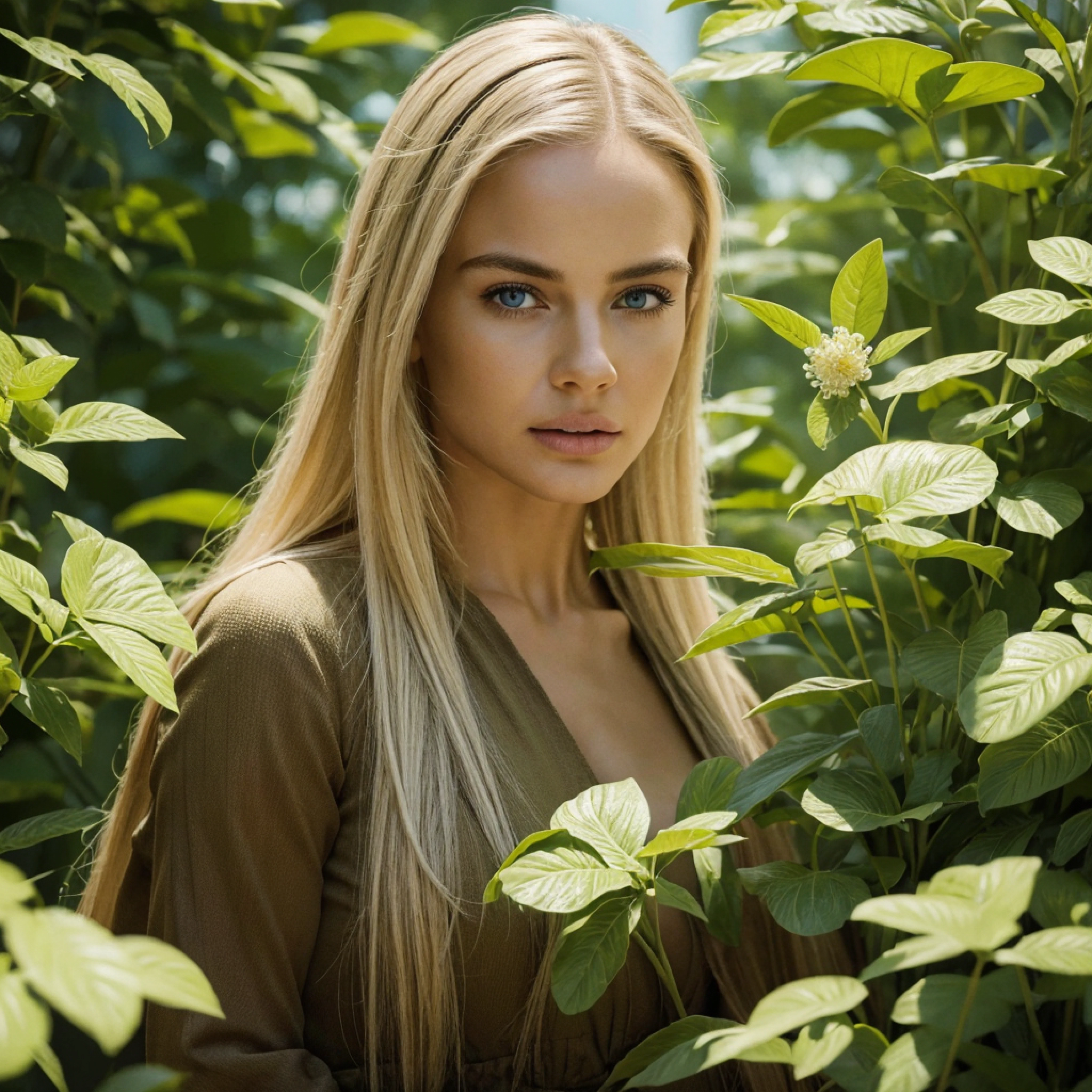 Hyper-realistic action scene in which a beautiful blonde woman closely examines the flora and fauna of America. "Add extremely precise details to plants, Animales, and the expression of astonishment on Columbus' face, 8k, CinematicLight, foto realista, Renderizado de octanaje, centrado, obra maestra, 35mm,