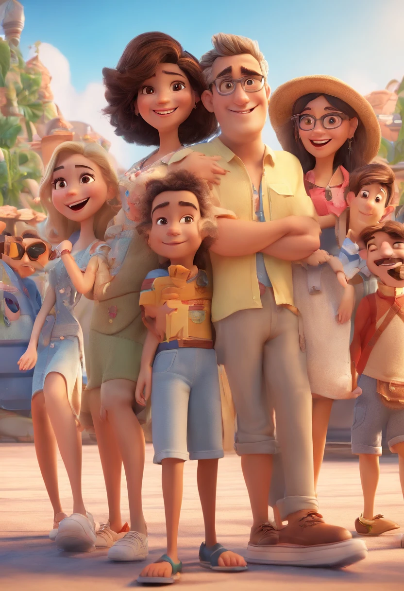 Cartoon of friends having fun on vacation together, 3D Animation Movie Poster, Poster de filme animado, pixar 3 d animation style, pixar renderman rendering, maia 8 mil, animated film, Disney Pixar Estilo 3D, amigos felizes saem juntos, all wearing light blue shirts and cream brown long pants, camisa azul clara, cream brown pants, ao ar livre, vacation, Disney Pixar Animation Poster