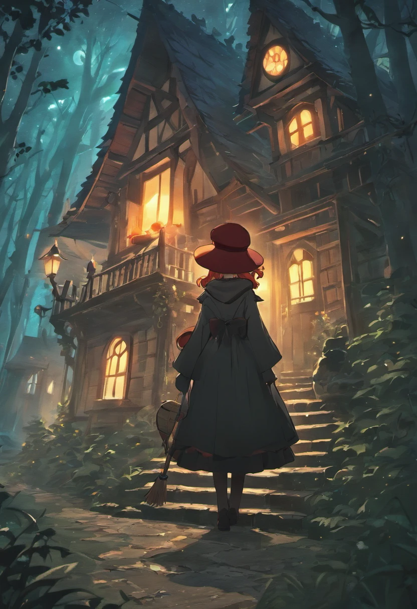 A witch with red hair, wearing a witch hat, and her cat by her side, in front of a house in the forest. (best quality,4k,8k,highres,masterpiece:1.2),ultra-detailed,(realistic,photorealistic,photo-realistic:1.37), witch, red hair, witch hat, cat, house, forest, magical atmosphere, dark and mysterious, enchanting, witchcraft, spellcasting, broomstick, moonlit night, stars shining, mystical elements, whimsical, captivating, mystical woods, magical effects, misty ambiance, glowing eyes, ancient book, flying sparks, moonlight casting shadows, eerie glow, realistic textures, hauntingly beautiful, bewitching colors, dreamlike, ethereal, enchanted house.