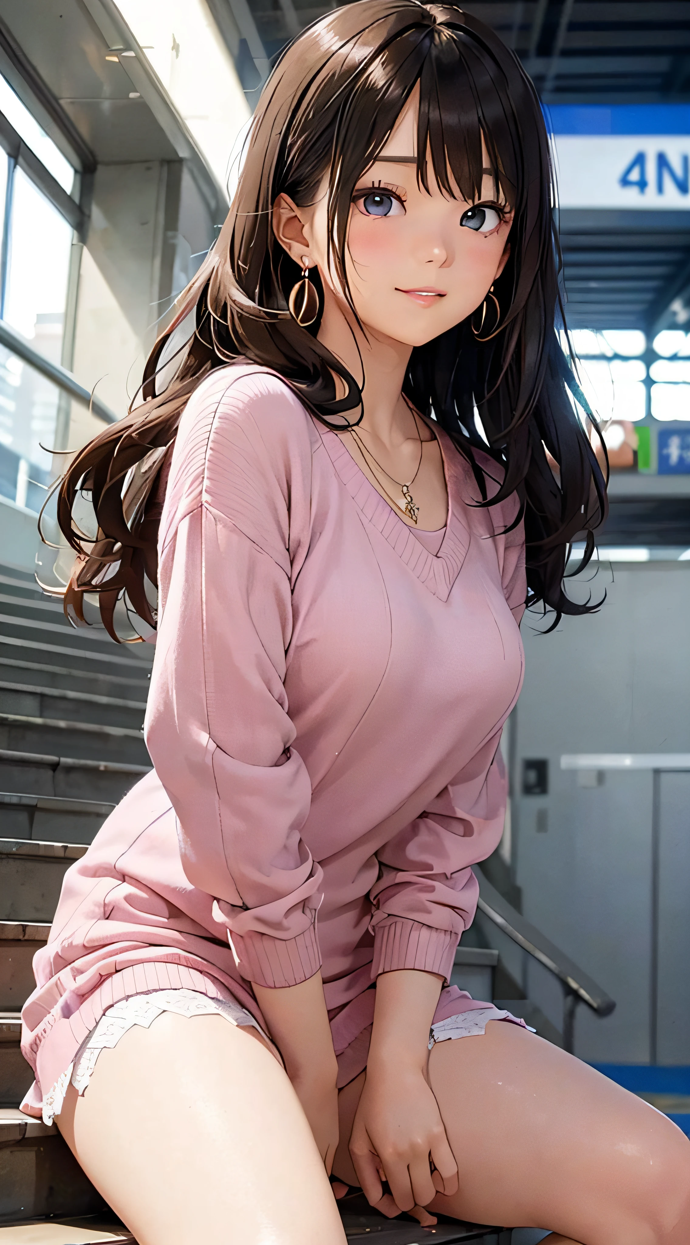 (masutepiece: 1.3), (max resolution: 1.2), (Ultra HDTV: 1.2), cinematric light, Ultra HDTV, (Detailed eyes and skin), (detailed facial features), nffsw, 8K resolution, Sharp Focus: 1.2, Perfect Style, Beautiful face, Perfect body, acurate, Anatomically correct, Highly detailed face and skin texture, Detailed eyes, Dark-blue eyes, Double eyelids, Thin eyebrows, Glitter Eyeliner: 1.2, Natural cheeks, Glossy skin, Fair skin: 1.2, shiny little necklace and earrings, (Glossy lips: 1.4), BREAK, One-person viewpoint, (She is a very cute female teacher), (Pink lace panties), (Seductive smile: 1.2), ((a Innocent and cute girl:1.3)), (Long Wave Hair), (ligh brown hair:1.2), (Cowboy Shot: 1.2), BREAK, ((Very intimate relationships: 1.2)), medium large breasts, ((Looking at Viewer:1.2)), ((train station stairs:1.2)), ((Bend your knees and open your legs wide:1.2)), (From Side:1.2),low angle shot,FULL BODYSHOT Tight sweater with long sleeves in bright colors Tight denim mini skirt Embarrassed look Kamimei