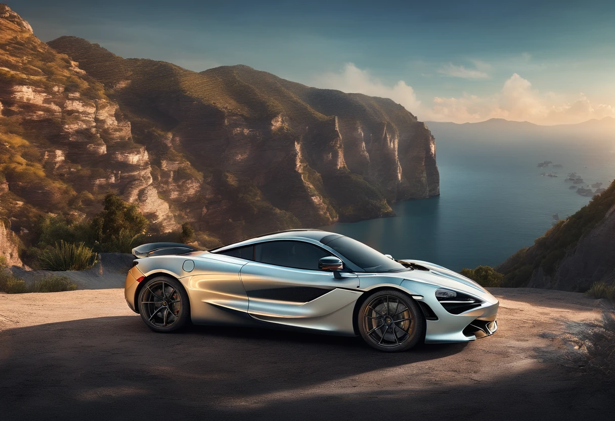 (Best quality, 8K, Masterpiece :1.2), Ultra photo realsisim, simplebackground, onthe mountain, Detailed McLaren 720s, The background is a cliff, Under the sunset，-1