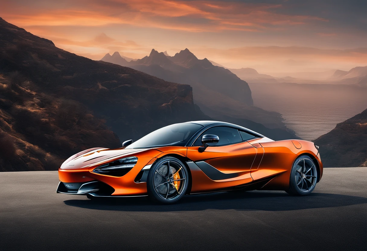 (Best quality, 8K, Masterpiece :1.2), Ultra photo realsisim, simplebackground, onthe mountain, Detailed McLaren 720s, The background is a cliff, Under the sunset,-1