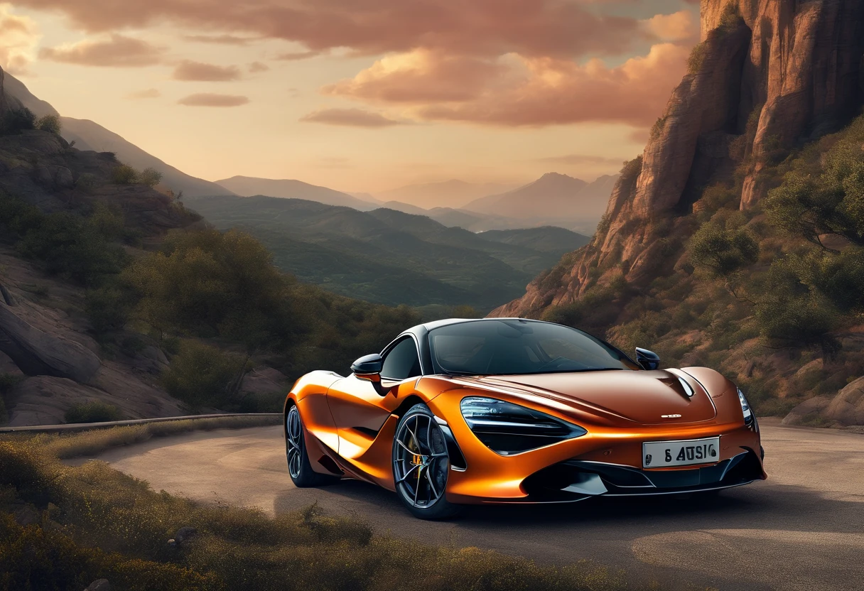 (Best quality, 8K, Masterpiece :1.2), Ultra photo realsisim, simplebackground, onthe mountain, Detailed McLaren 720s, The background is a cliff, Under the sunset，-1