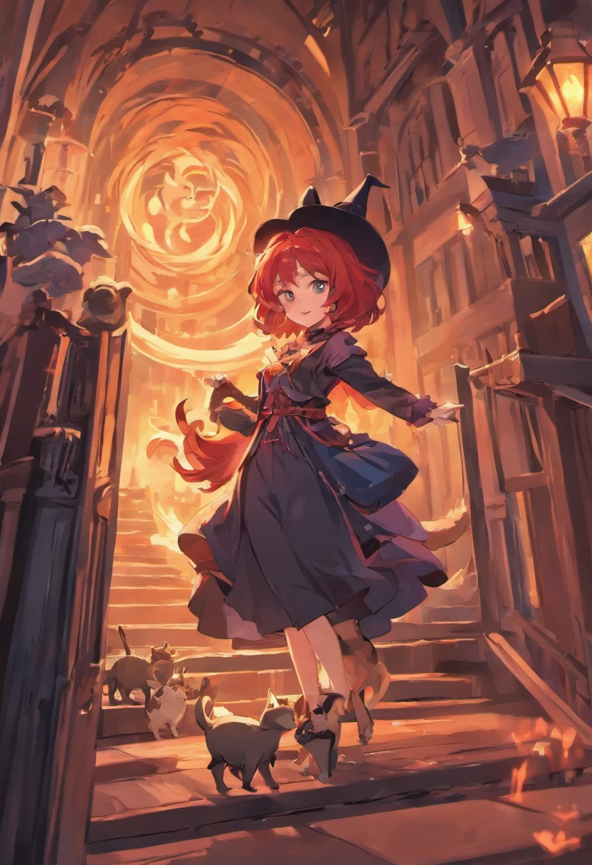 red-haired witch, witch hat, and her cat. pixar style, vibrant colors, magical lighting, enchanting scenery