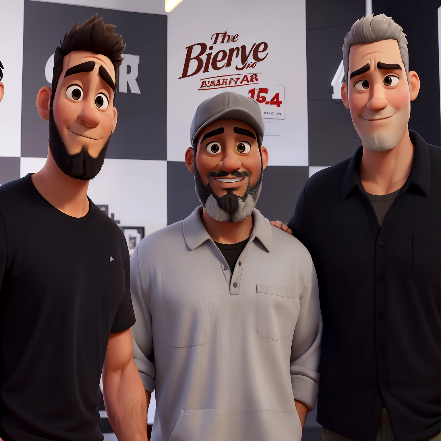 Create a Pixar-style 3D poster with three Brazilian men, side by side, embracing for a photo. The first man is a light-skinned, 30-year-old with a short beard, a pompadour haircut, and a black shirt. The second man is a 50-year-old Black man with a short grayish beard, a medium build, wearing a gray moletom and a white cap. The third man, also 50 years old, is light-skinned with a short, graying beard and very short gray hair, wearing a black polo shirt."