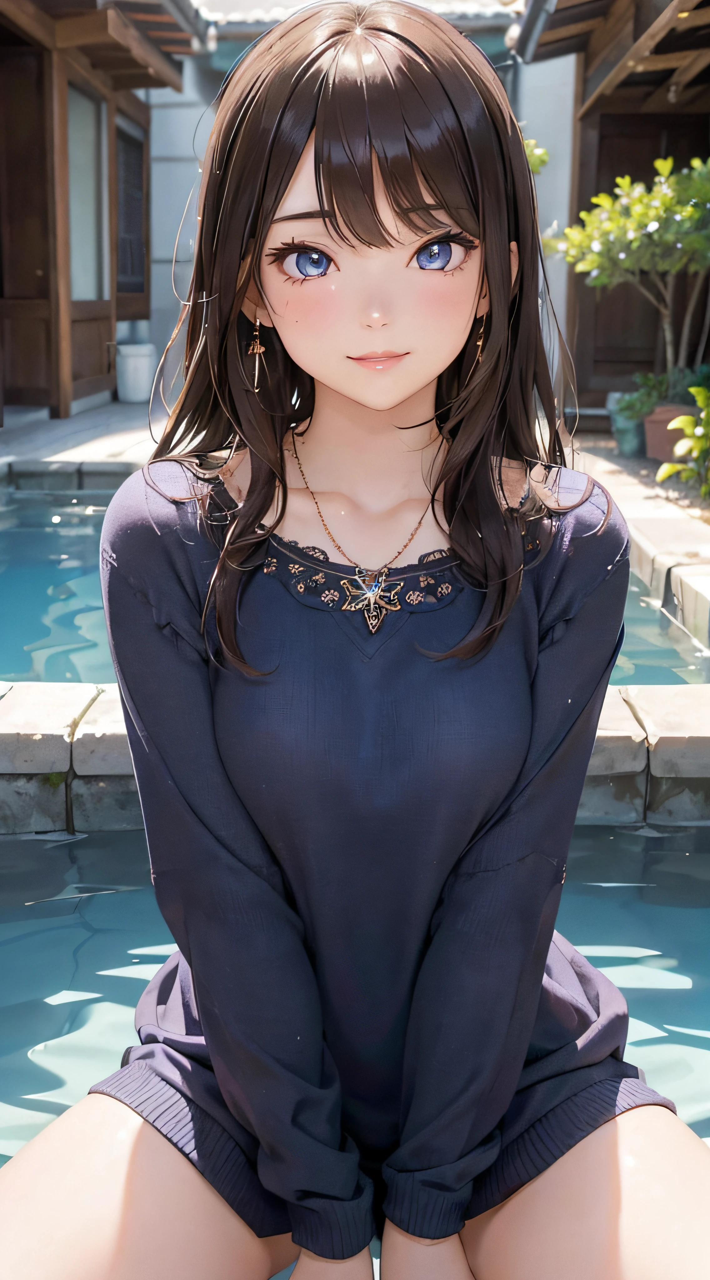 (masutepiece: 1.3), (max resolution: 1.2), (Ultra HDTV: 1.2), cinematric light, Ultra HDTV, (Detailed eyes and skin), (detailed facial features), nffsw, 8K resolution, Sharp Focus: 1.2, Perfect Style, Beautiful face, Perfect body, acurate, Anatomically correct, Highly detailed face and skin texture, Detailed eyes, Dark-blue eyes, Double eyelids, Thin eyebrows, Glitter Eyeliner: 1.2, Natural cheeks, Glossy skin, Fair skin: 1.2, shiny little necklace and earrings, (Glossy lips: 1.4), BREAK, One-person viewpoint, (She is a very cute female teacher), (Pink lace panties、Pink lace bra), (Seductive smile: 1.2), ((a Innocent and cute girl:1.3)), (Long Wave Hair), (ligh brown hair:1.2), (Cowboy Shot: 1.2), BREAK, ((Very intimate relationships: 1.2)), medium large breasts, ((Looking at Viewer:1.2)), ((Hot spring trip:1.2)), ((Bend your knees and open your legs wide:1.2)), (From Side:1.2),low angle shot,FULL BODYSHOT Tight sweater with long sleeves in bright colors Embarrassed look Kamimei