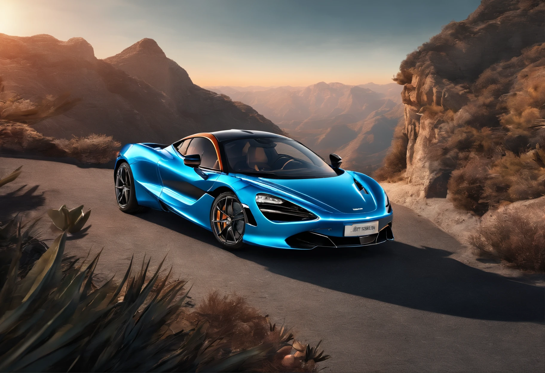 (Best quality, 8K, Masterpiece :1.2), Ultra photo realsisim, simplebackground, onthe mountain, Detailed McLaren 720s, The background is a cliff, Under the sunset，-1