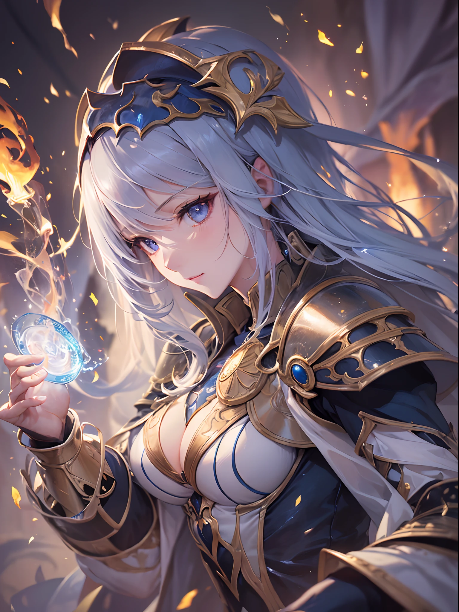 ((Finest quality)),(超A high resolution),(ultra-detailliert),(Meticulous portrayal),((Best CG)),(Finest works of art),Ultra-Precision Art,The art of astounding depiction, (Female Magic Swordsman:1.5),(Armor with intricate patterns:1.5),Hold your sword,Unleash flaming arrows