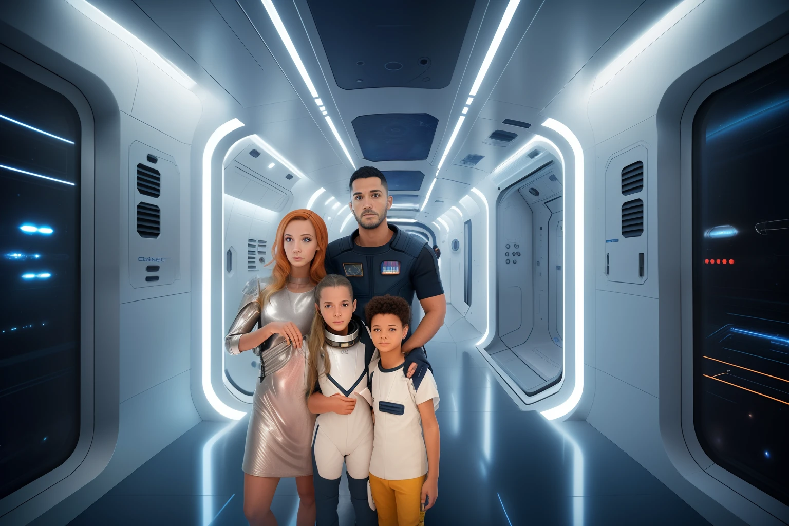 There are three people and a child standing in a hallway, of a family leaving a spaceship, corredor da nave espacial, Corredor assombrado da nave espacial, Em uma nave espacial futurista, on a spacestation, inside a space station, stood inside a futuristic lab, Fundo do corredor da nave espacial, dentro de uma nave espacial, halls of space, inside a spaceship, in space station, hiper realista sci fi realista