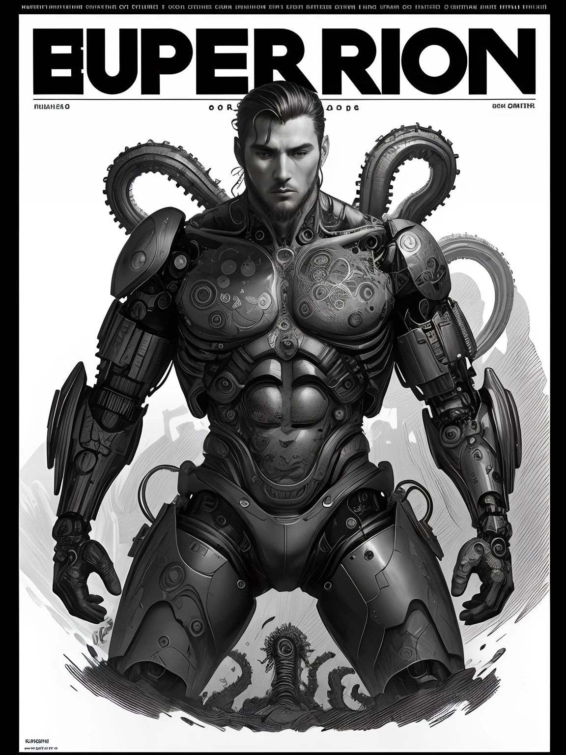 (male) Super cyborg, european hairy male, magazine cover, poster art , Lovecraftian horror tattoos, bold huge text, matted design layout, strong, bold inking techniques, monochromatic