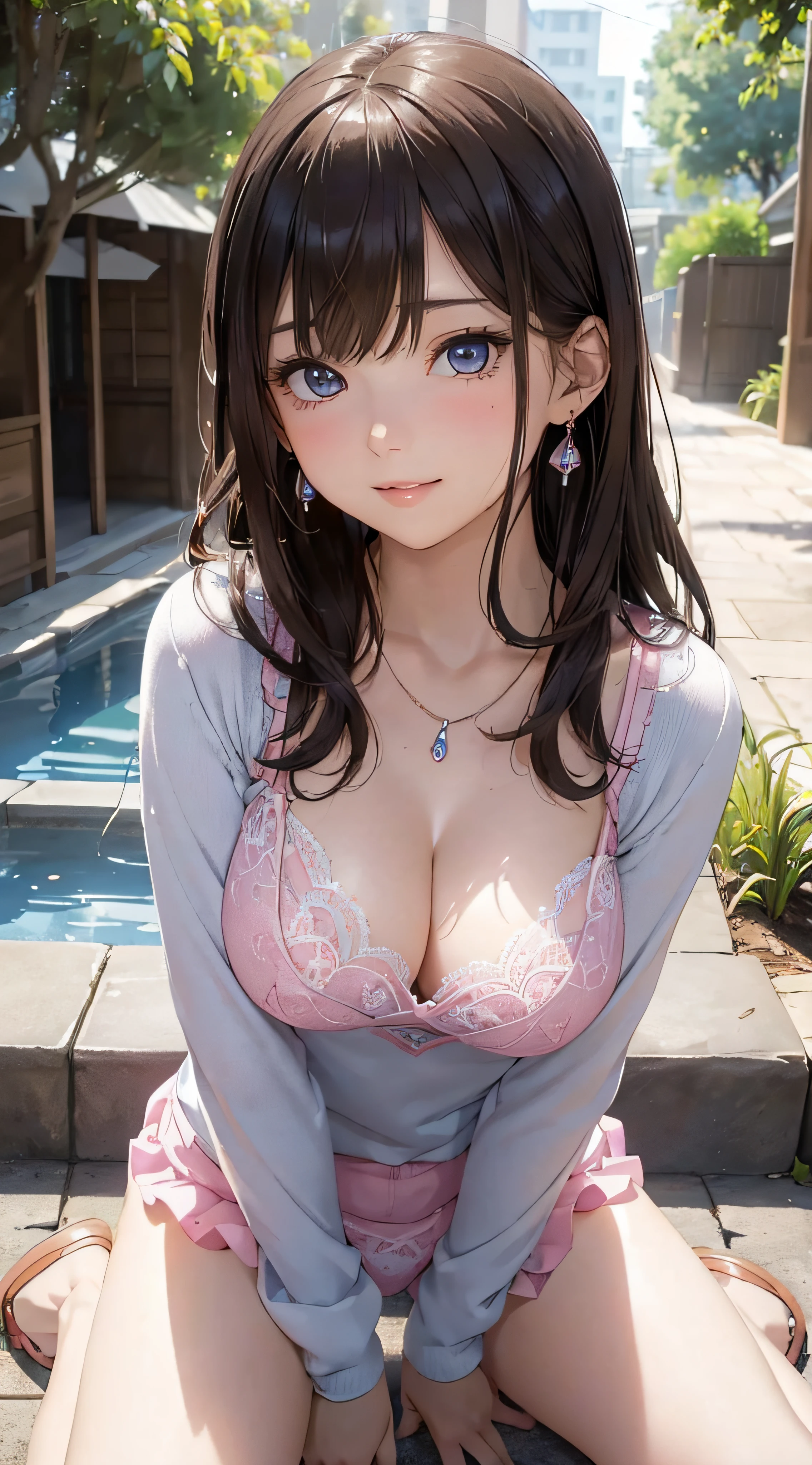 (masutepiece: 1.3), (max resolution: 1.2), (Ultra HDTV: 1.2), cinematric light, Ultra HDTV, (Detailed eyes and skin), (detailed facial features), nffsw, 8K resolution, Sharp Focus: 1.2, Perfect Style, Beautiful face, Perfect body, acurate, Anatomically correct, Highly detailed face and skin texture, Detailed eyes, Dark-blue eyes, Double eyelids, Thin eyebrows, Glitter Eyeliner: 1.2, Natural cheeks, Glossy skin, Fair skin: 1.2, shiny little necklace and earrings, (Glossy lips: 1.4), BREAK, One-person viewpoint, (She is a very cute female teacher), (Pink lace panties、Pink lace bra), (Seductive smile: 1.2), ((a Innocent and cute girl:1.3)), (Long Wave Hair), (ligh brown hair:1.2), (Cowboy Shot: 1.2), BREAK, ((Very intimate relationships: 1.2)), medium large breasts, ((Looking at Viewer:1.2)), ((Hot spring trip:1.2)), ((Bend your knees and open your legs wide:1.2)), (From Side:1.2),low angle shot,FULL BODYSHOT Tight sweater with long sleeves in bright colors Embarrassed look Kamimei