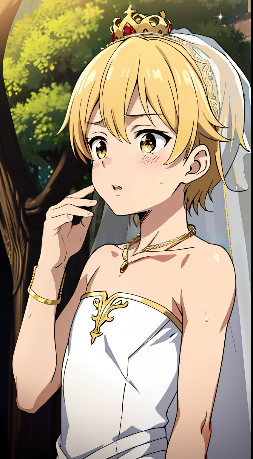 Anime style, Highres, Masterpiece, Best quality at best,Best Quality,hight quality, hight detailed, 1boy, (little boys), (armpit), sweating, shota, outdoors, wedding dress, Strapless dress, gold bracelets, gold necklace, gold rings, sparkling crown, veil, seductive face, cute boy, upper body, slim body,